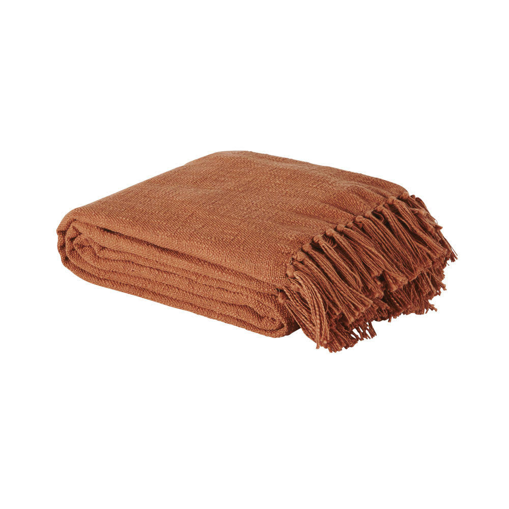LIMANA - Plaid en coton recyclé terracotta avec pompons 160x210