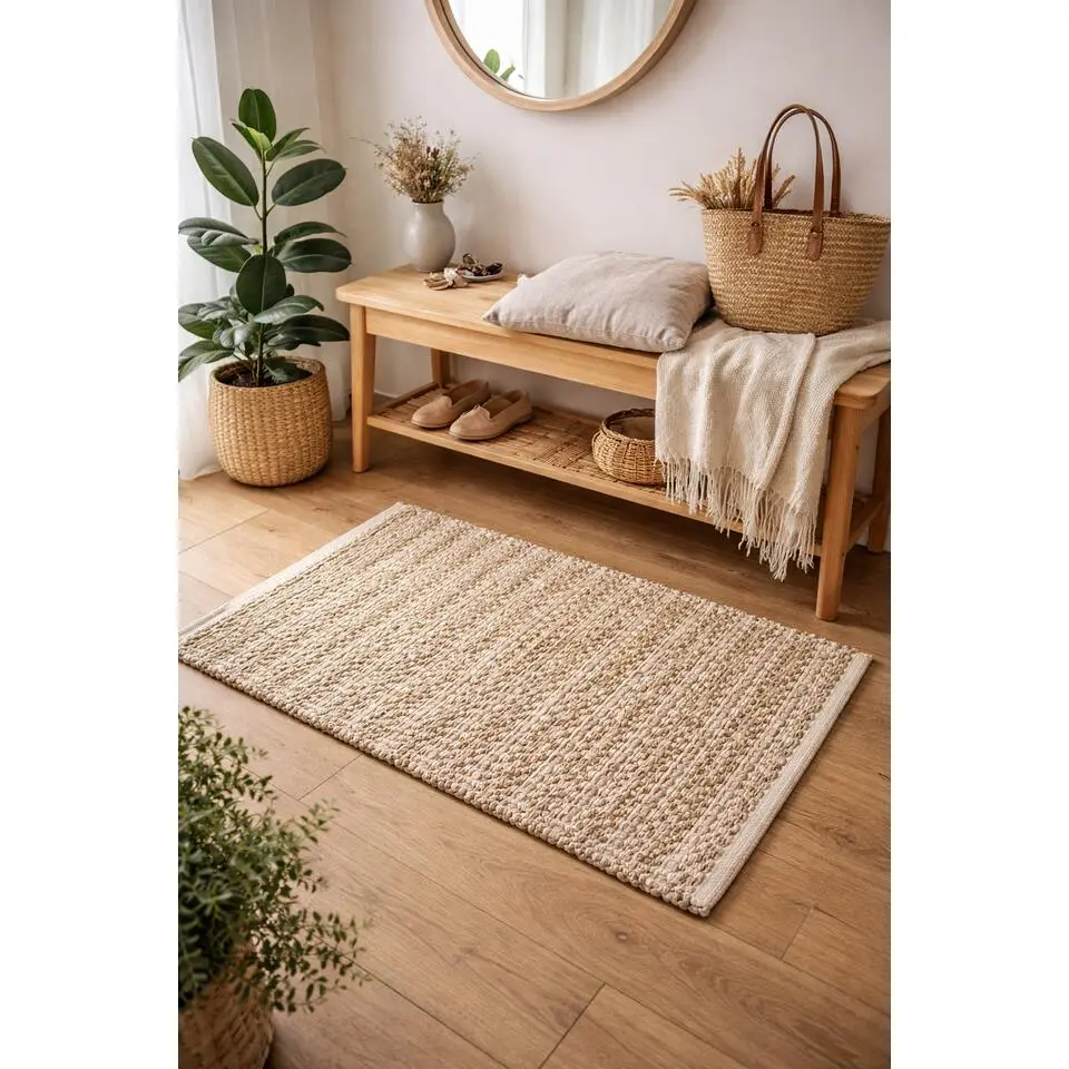 Rechthoekig katoenen tapijt met bruine en ecru motieven 90 x 60 cm