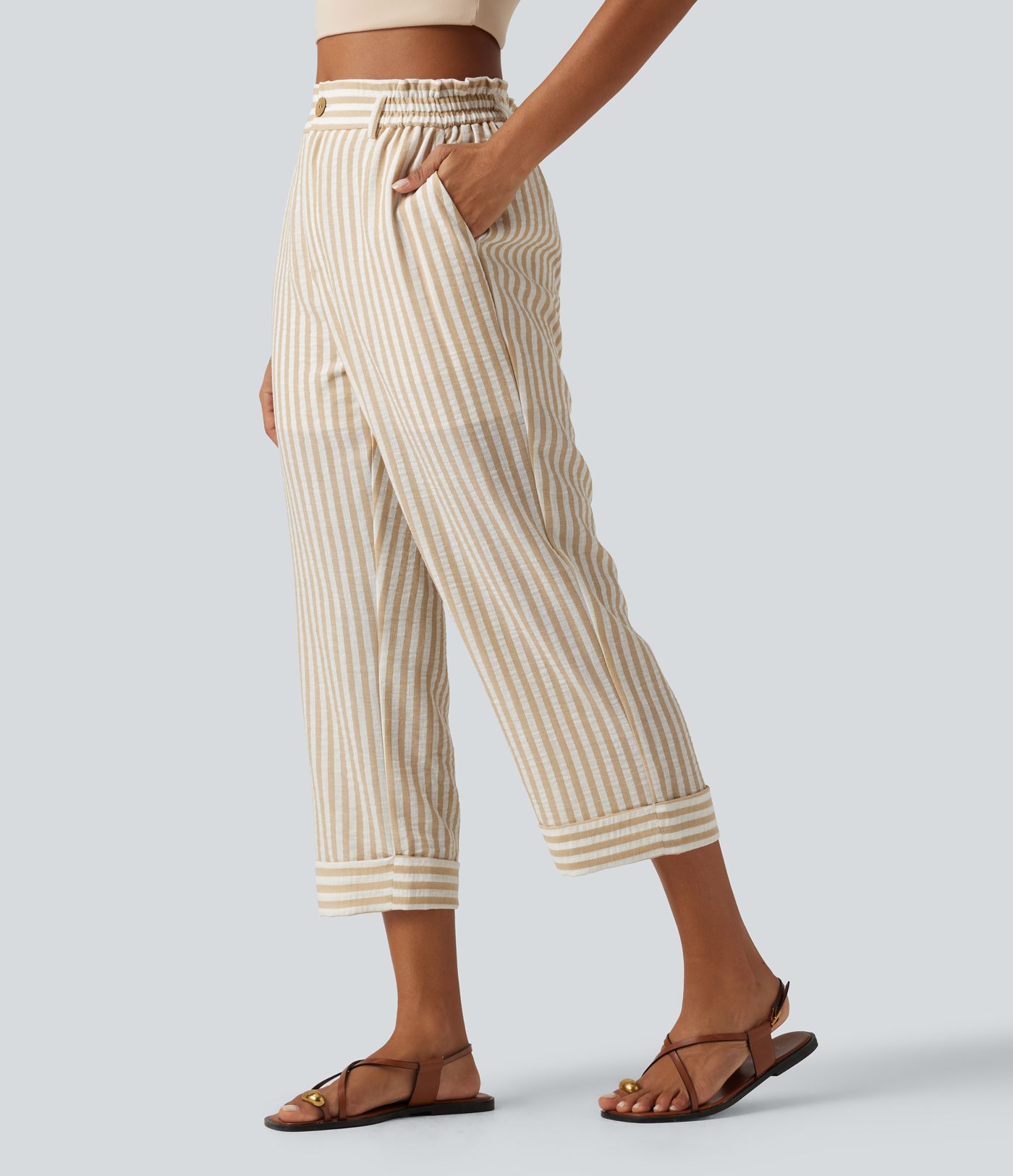 Pantalon 2-en-1 droit raccourci taille haute effet lin à rayures avec poches