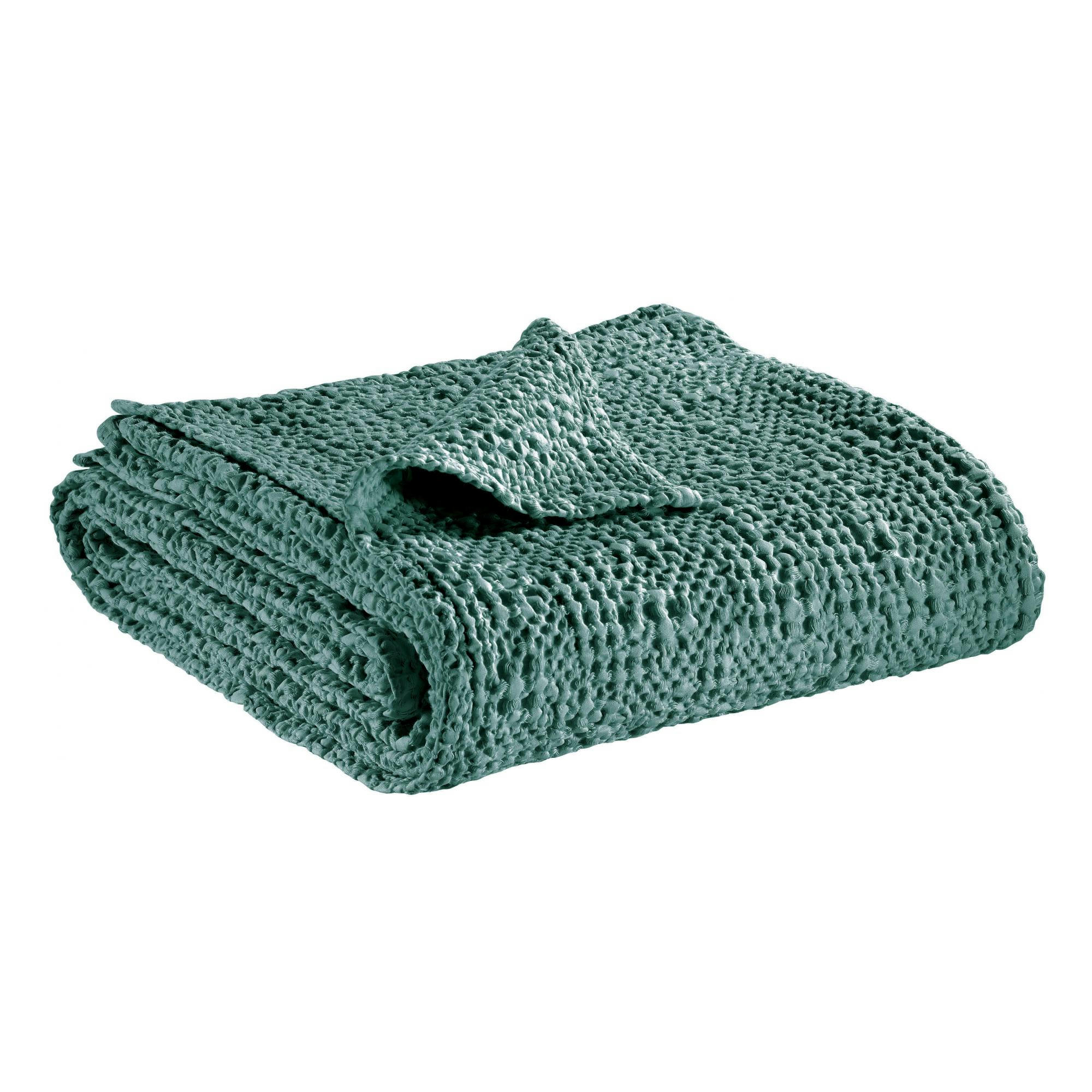 TANA - Jeté stonewashed  en coton vert de gris 240 x 260