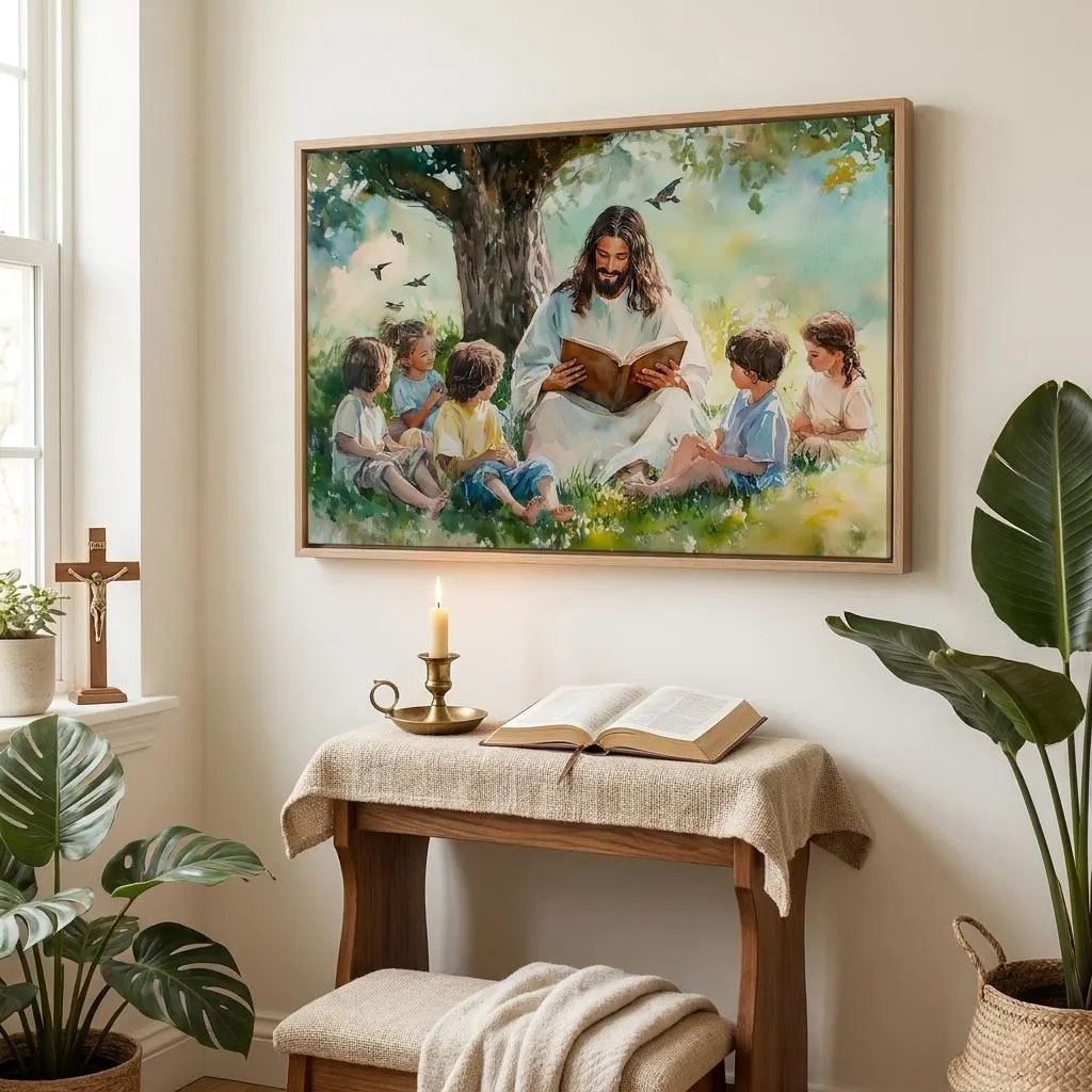 Jesus Reading to Children Watercolor Art – Christian Nursery Decor, Religious Canvas Print