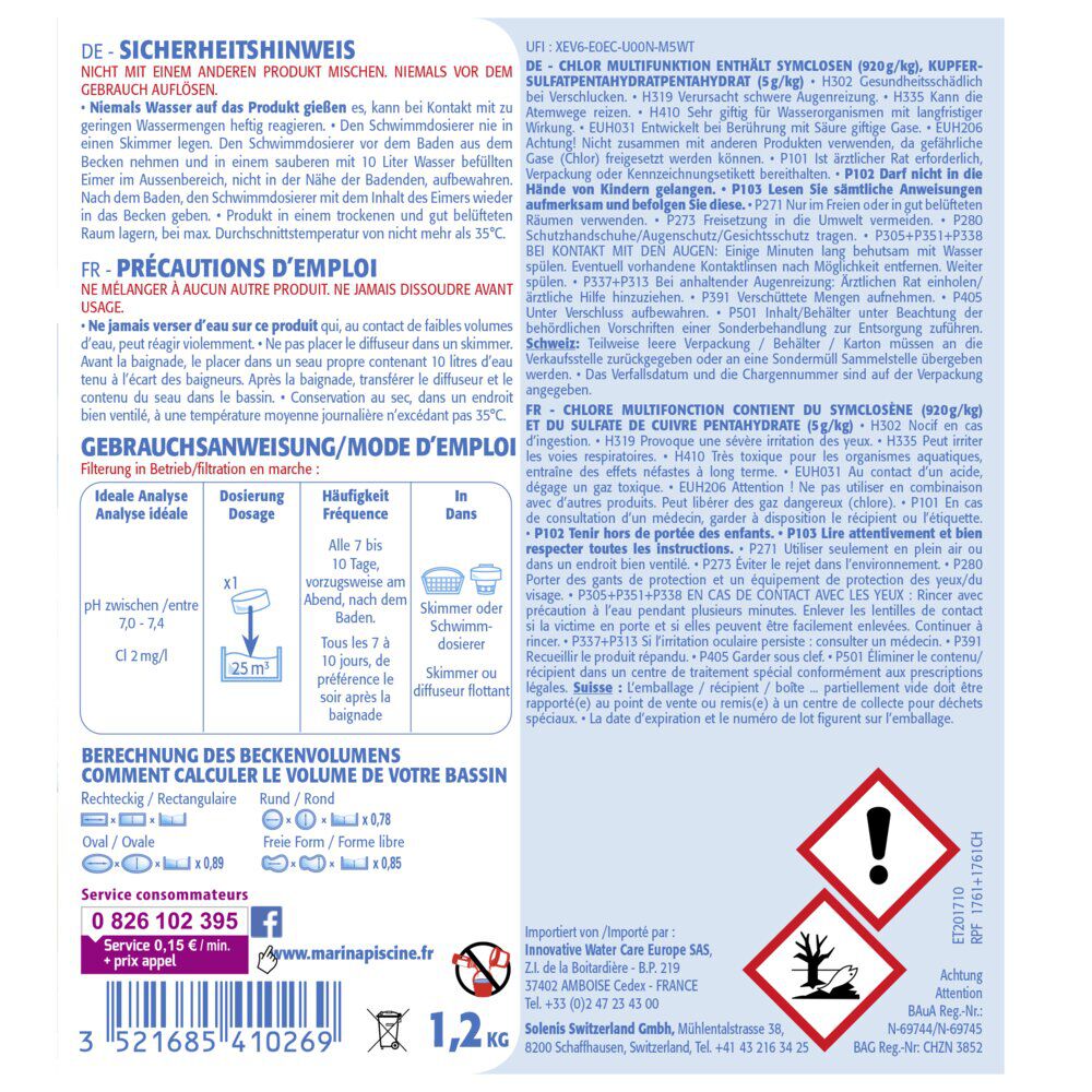 Chlore multifonctions galet 200g Marina 1,2kg