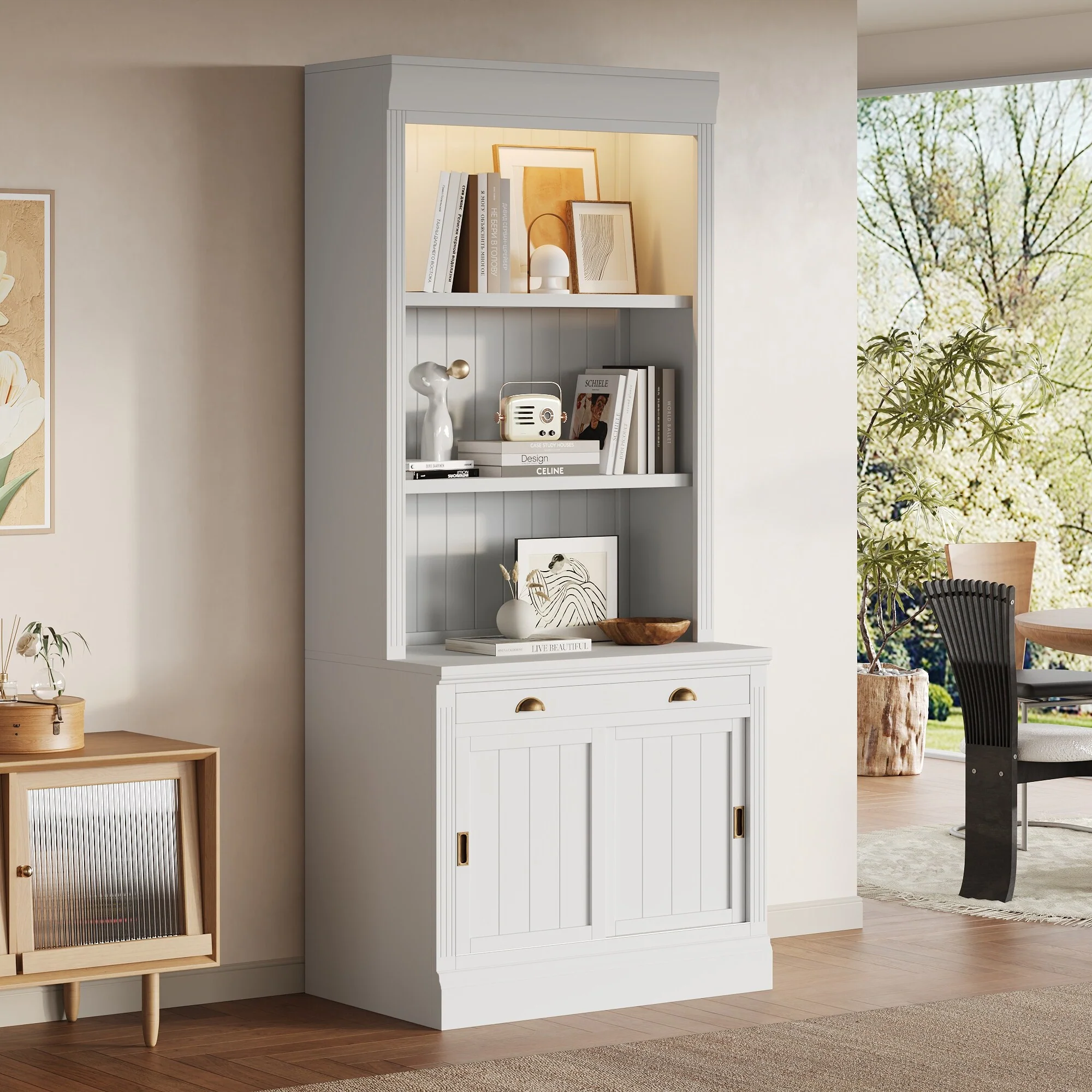 83.4Tall Bookshelf with LED Lighting, Modern Bookcase with Sliding Doors and Open Shelves,Storage Bookshelf