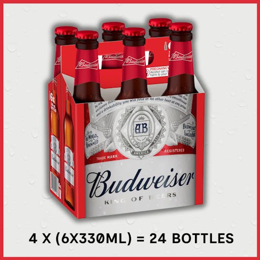Budweiser, American-Style Lager Beer, Classic & Crisp Finish, 5% ABV, 330mL (Case of 24 Bottles)