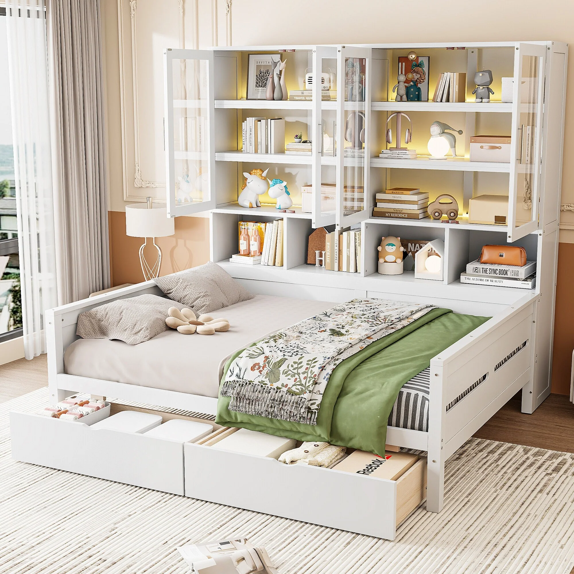 Full Size Wooden Daybed with Glass-Door Storage Cabinets, Built-in LED Lighting and Shelves