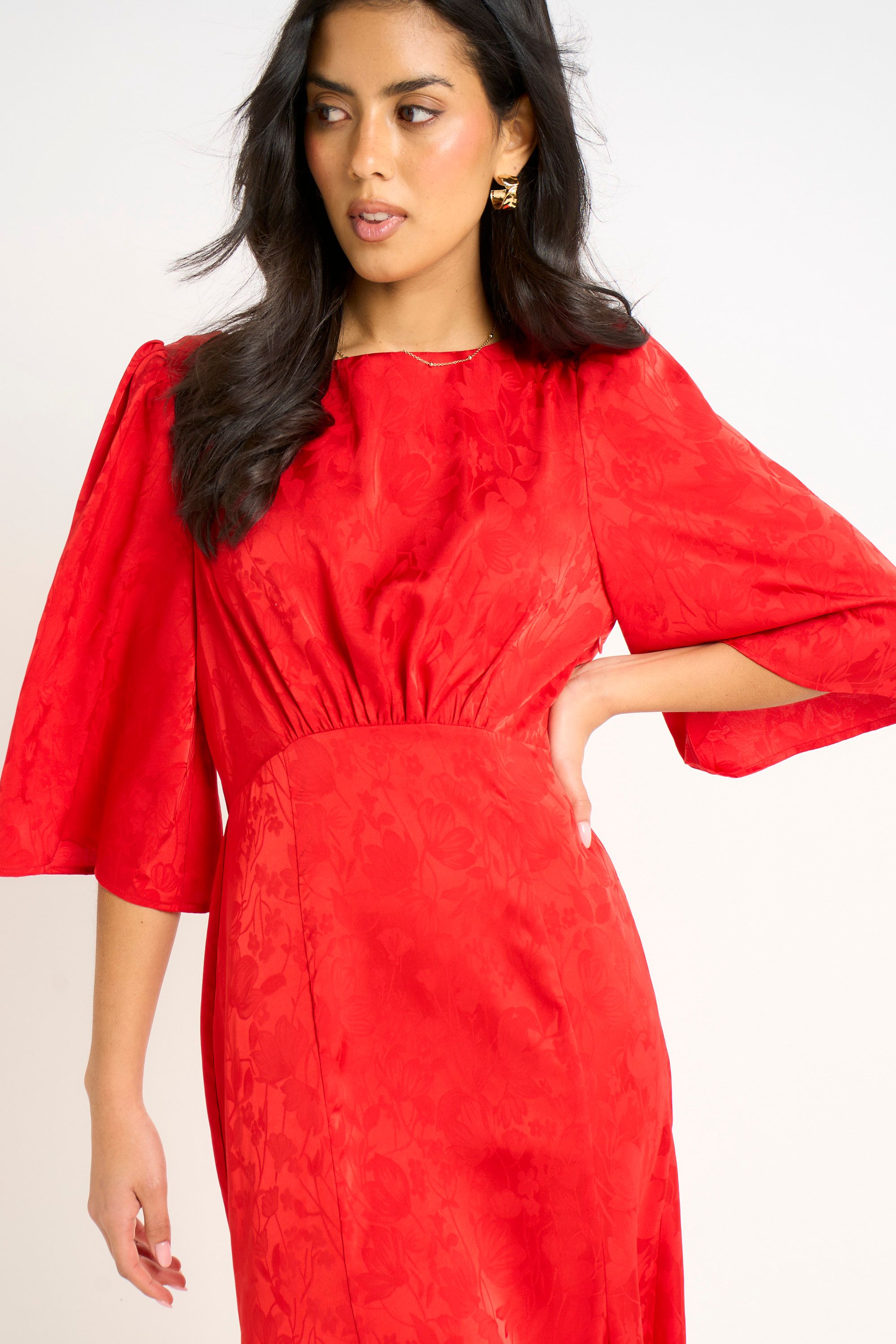 Gini London Red Satin Jacquard Midi Dress