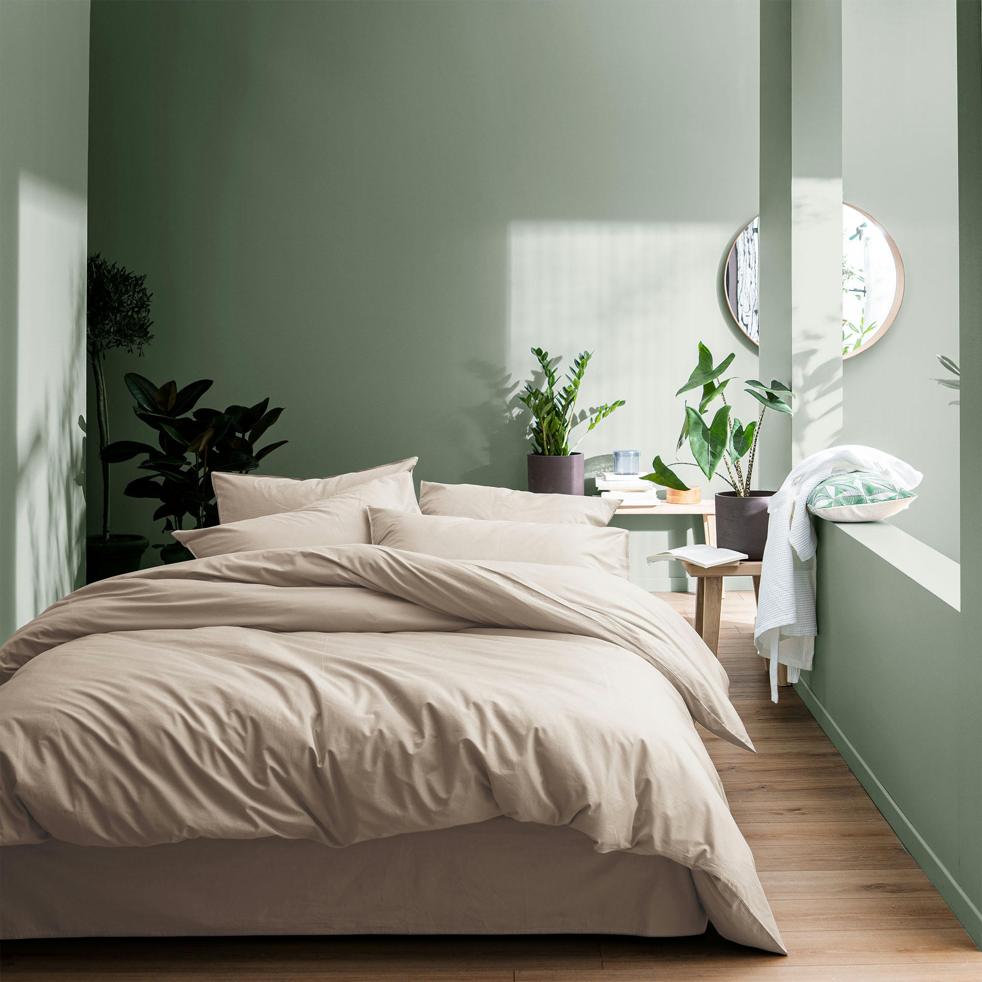 COTON LAVÉ VOLANT - Parure de lit unie en coton lavé Lin 240x220+2x65x65cm