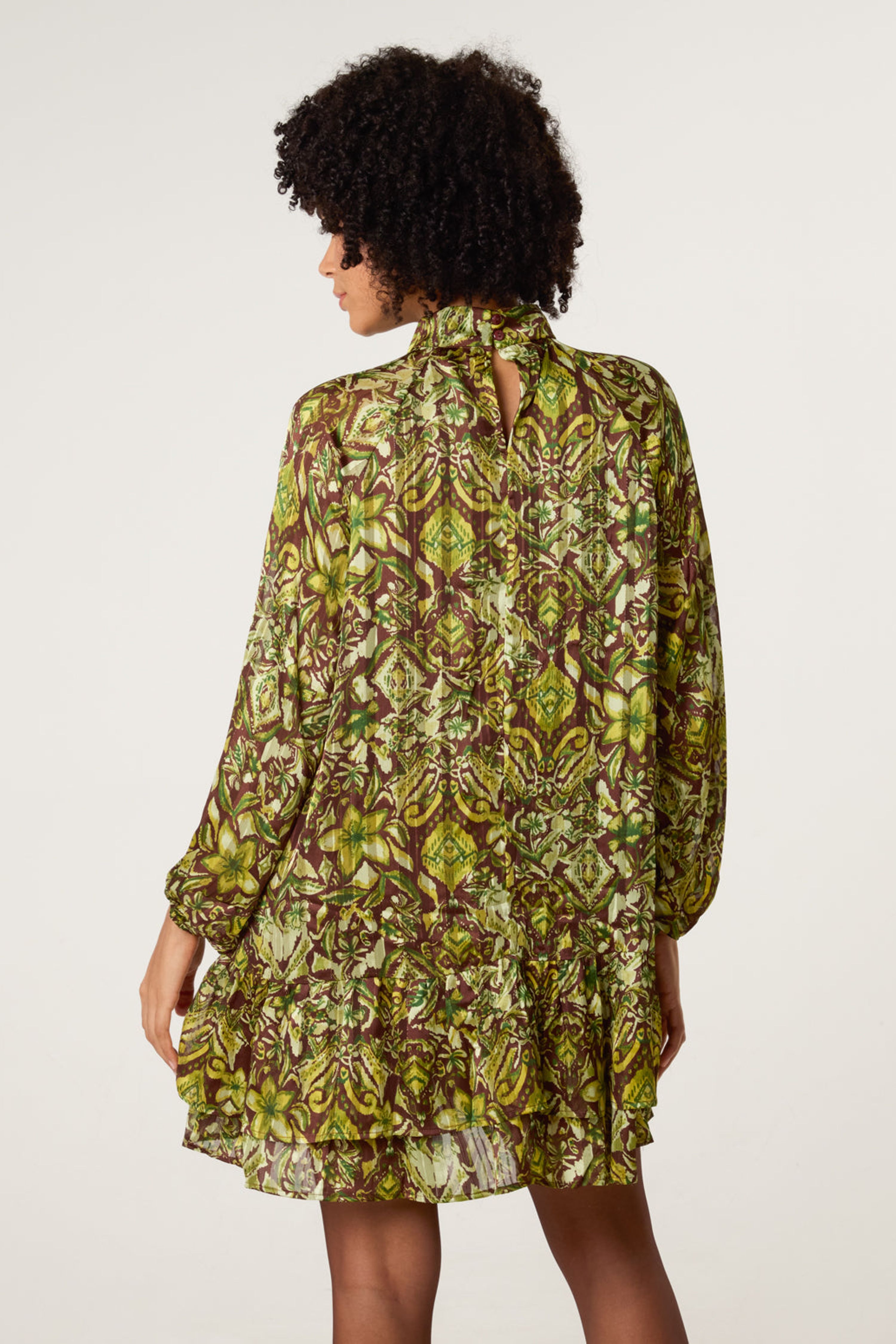 Blue Vanilla Brown High Neck Frill Hem Dress