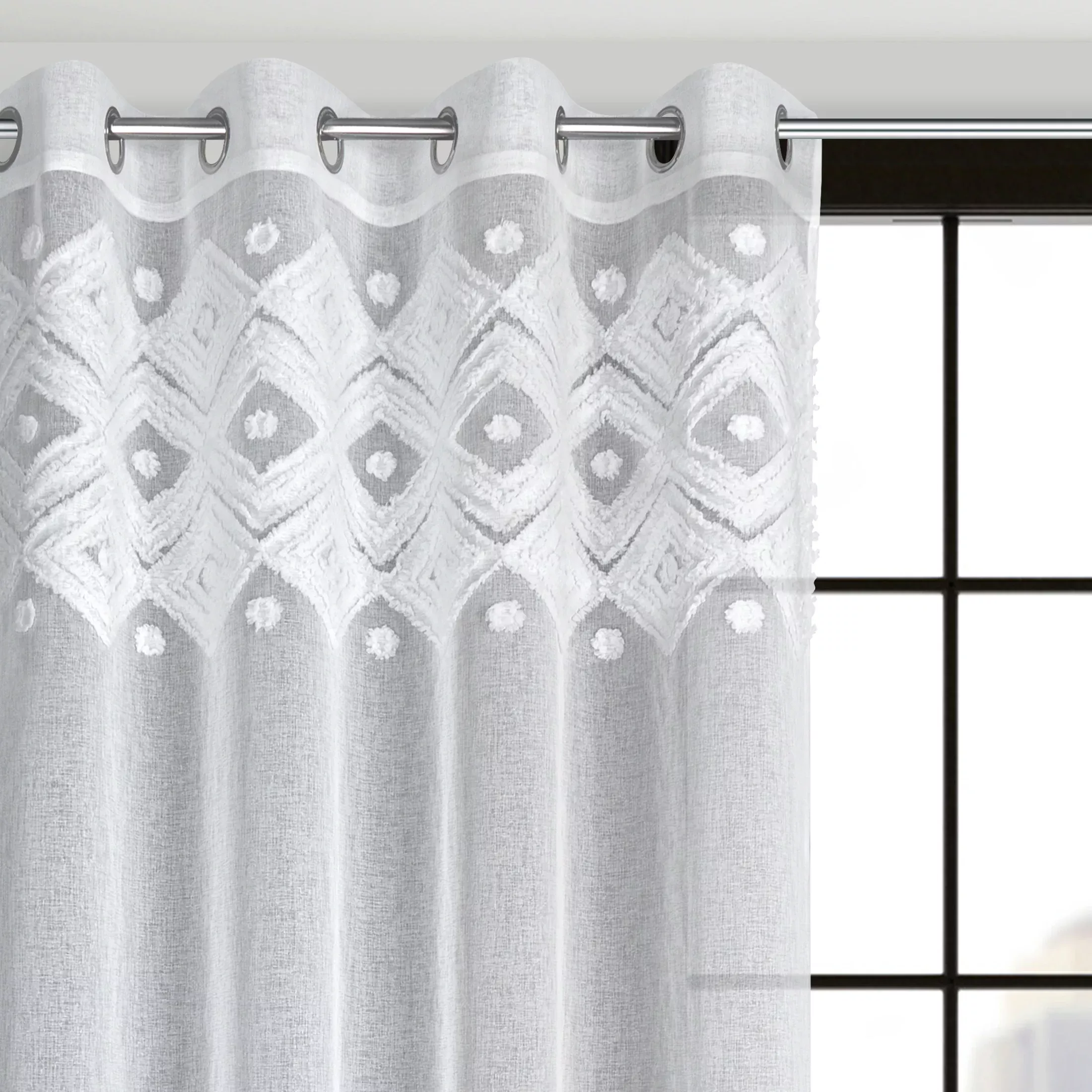 Dekoracja okienna biała z miękkim trójwymiarowym wzorem w stylu boho 140x250 cm przelotka - ESTERA