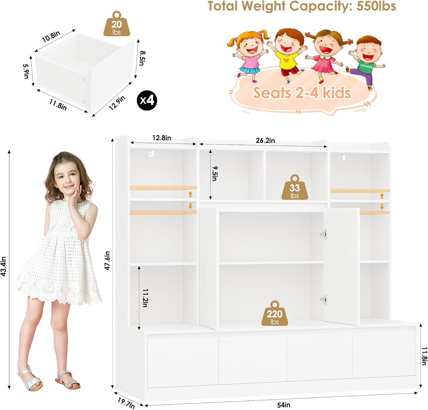 HIFIT 4-In-1 Kids Bookshelf and Toy Storage Organizer with Bench, 10-Cube Kids Bookcase with Reading Nook & 4 Sliding-Drawers & 2 Doors, Toy Chest Storage Cabinet for Playroom, Nursery,Classroom,White