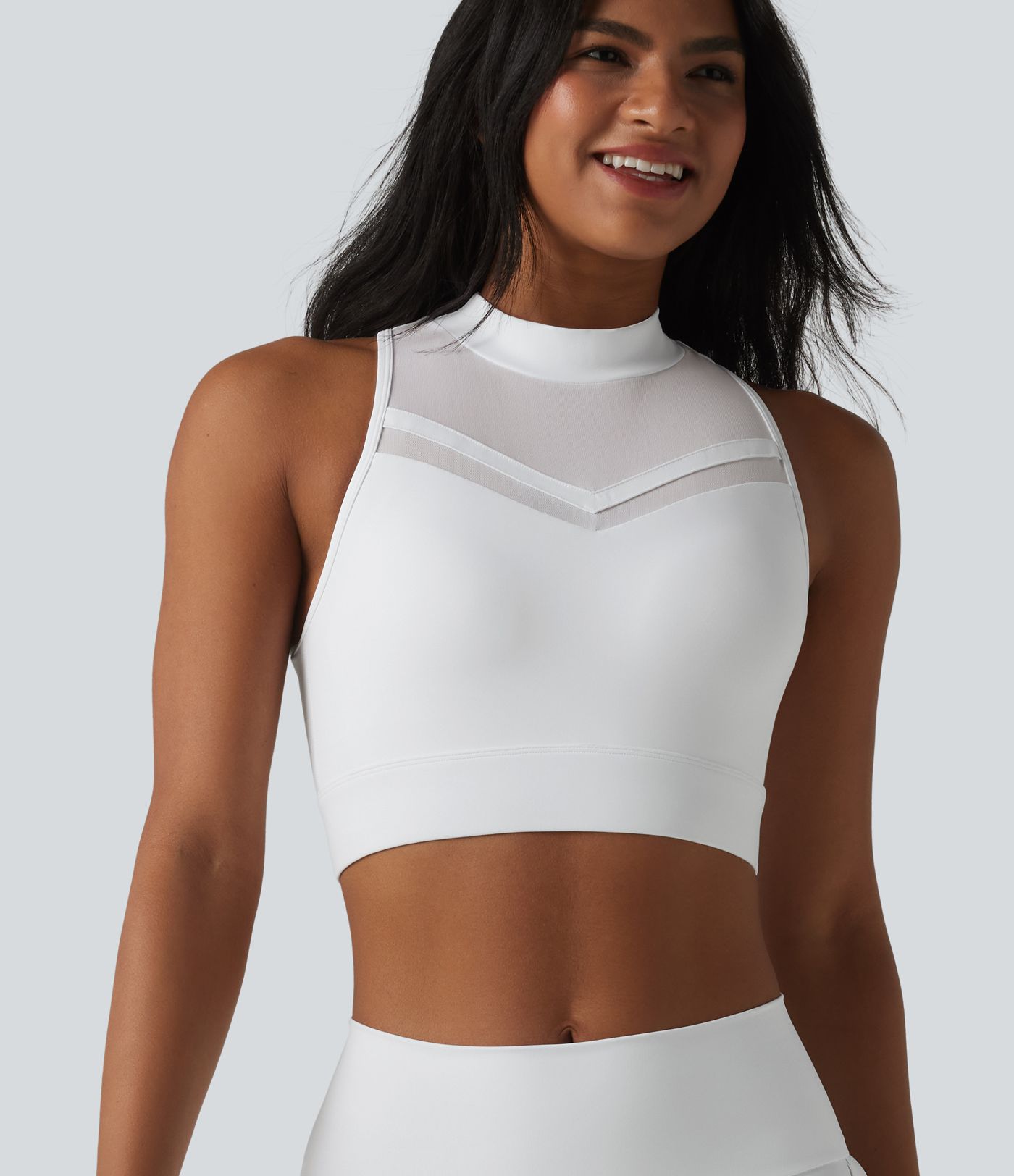 Brassière de sport yoga SoftlyZero™ Airy dos nageur col cheminée mesh contrastant coques non amovibles effet frais InstantCool, protection solaire UPF50