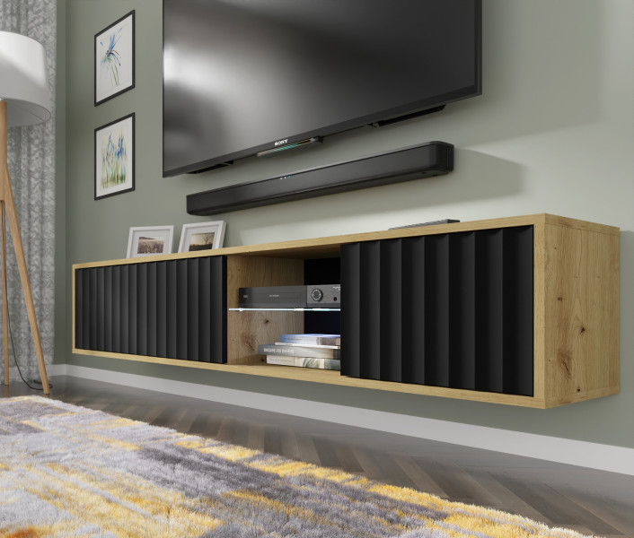 Szafka RTV VINA 156 cm wisząca frezowana dąb artisan/ czarny