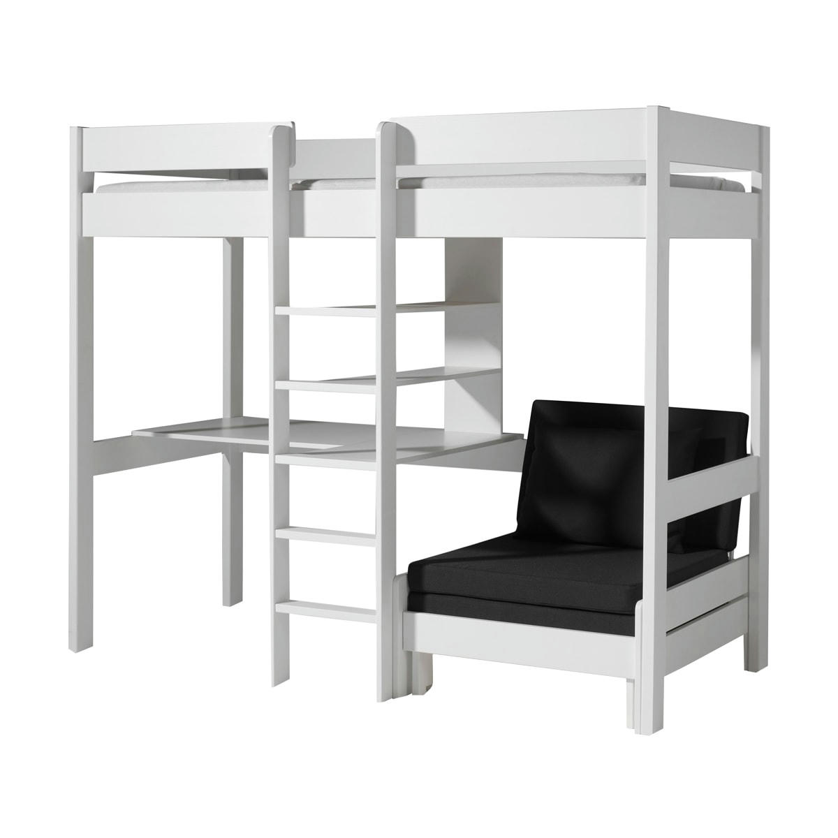 PINO - Lit mezzanine 90x200 sommier inclus fauteuil blanc