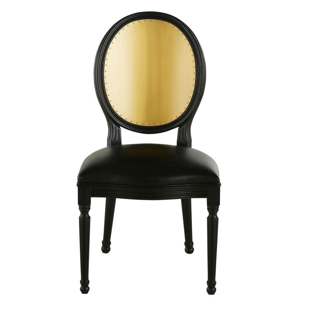 Louis - Chaise médaillon en cuir noir effet vieilli, laiton et bois d'hévéa noir