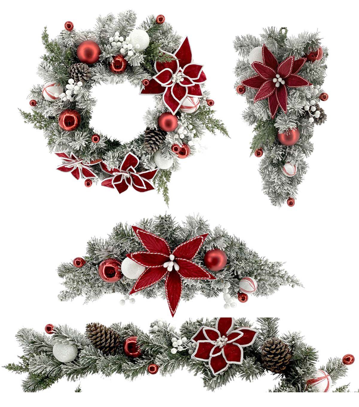 Coordinating Red Poinsettia & Flocked Pine Wreath, Garland, Swag, & Teardrop