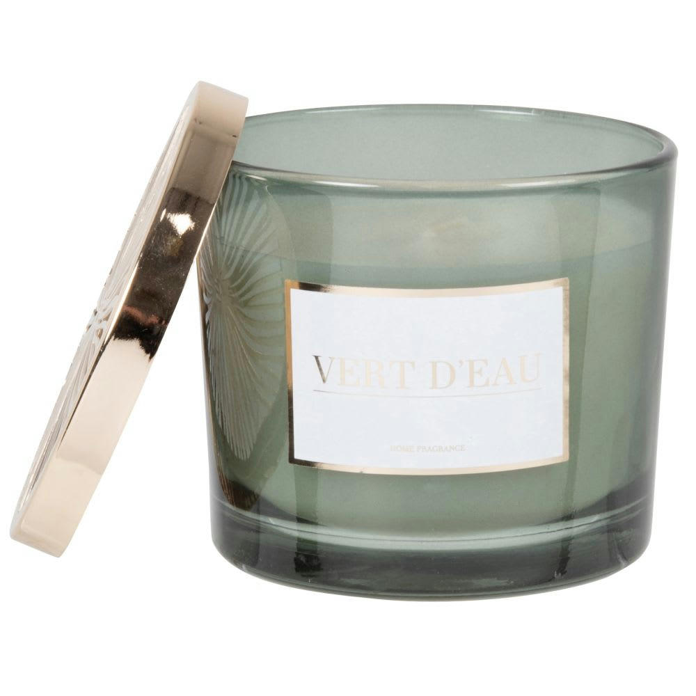 - Bougie parfumée en verre bleu canard et métal doré 220g