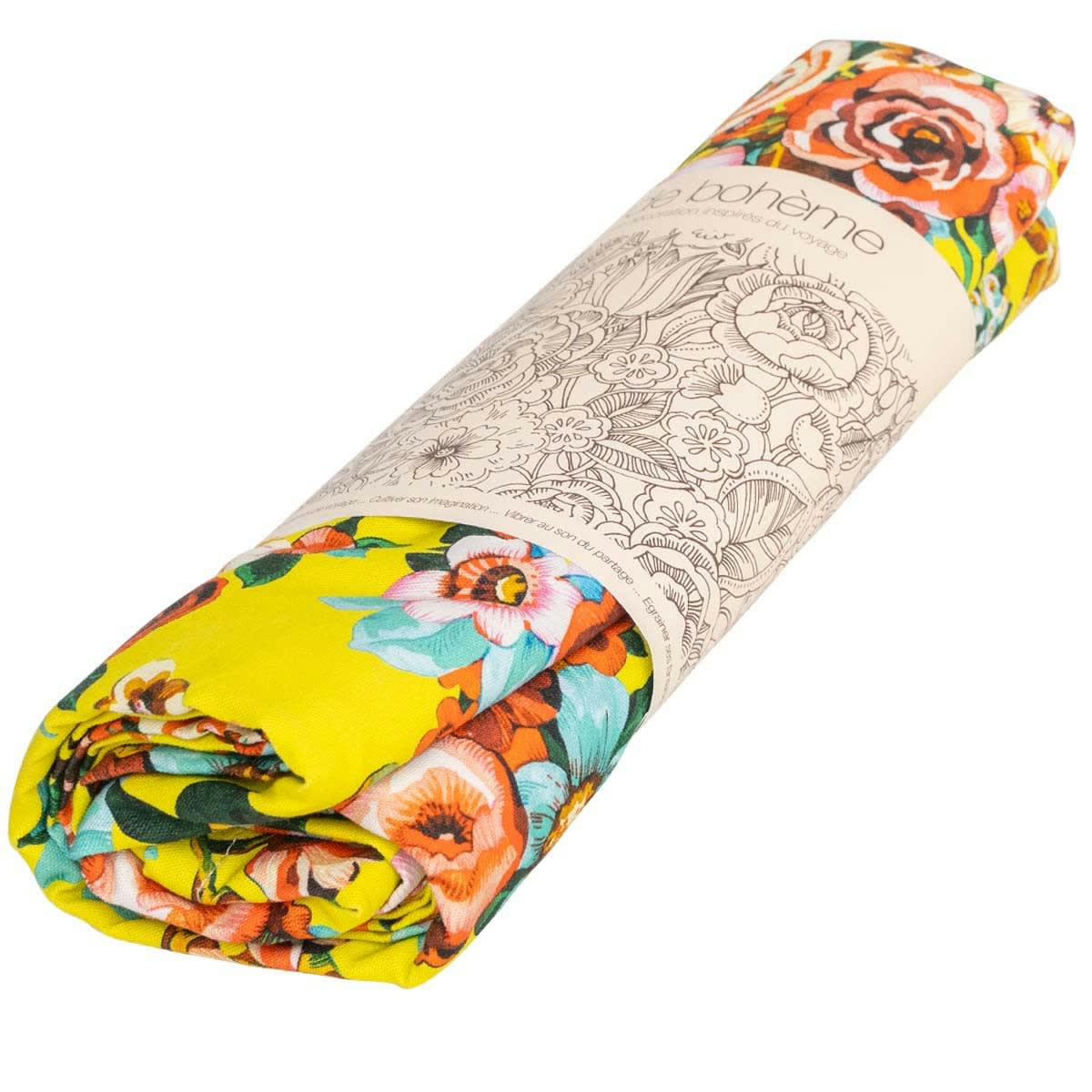 SAKURI - Nappe grand format en coton imprimé fleuri jaune 140x235