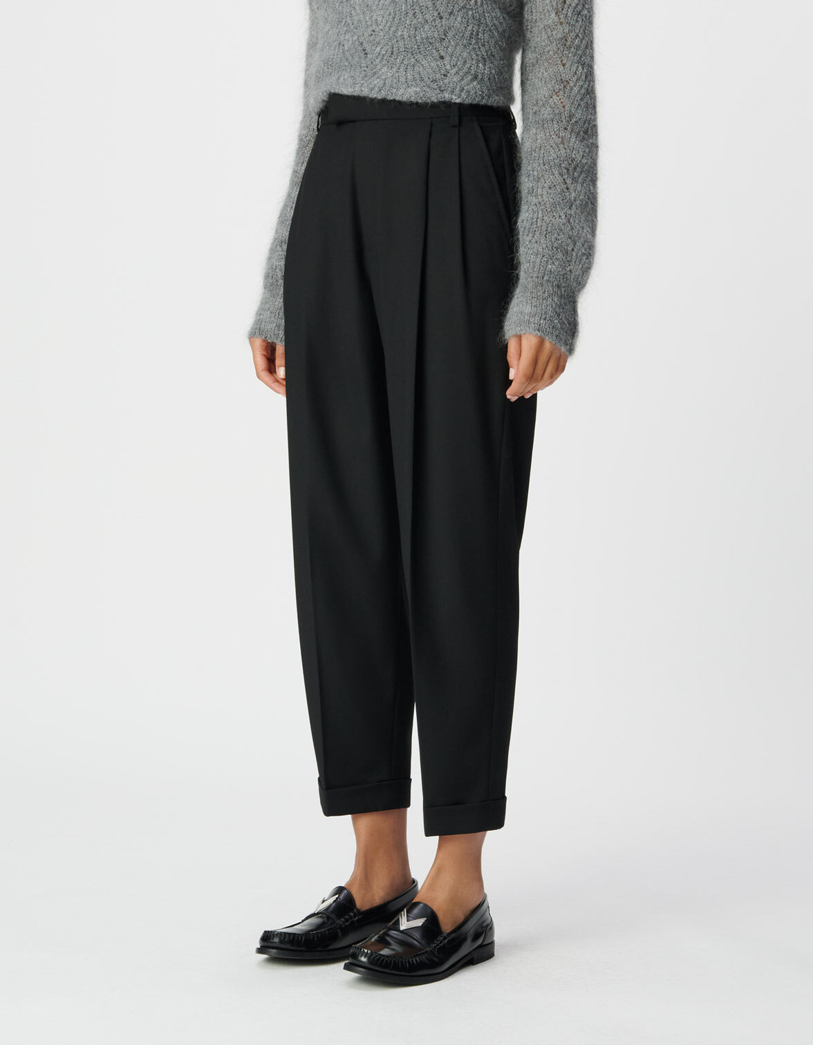 Pantalon noir cropped à revers Femme