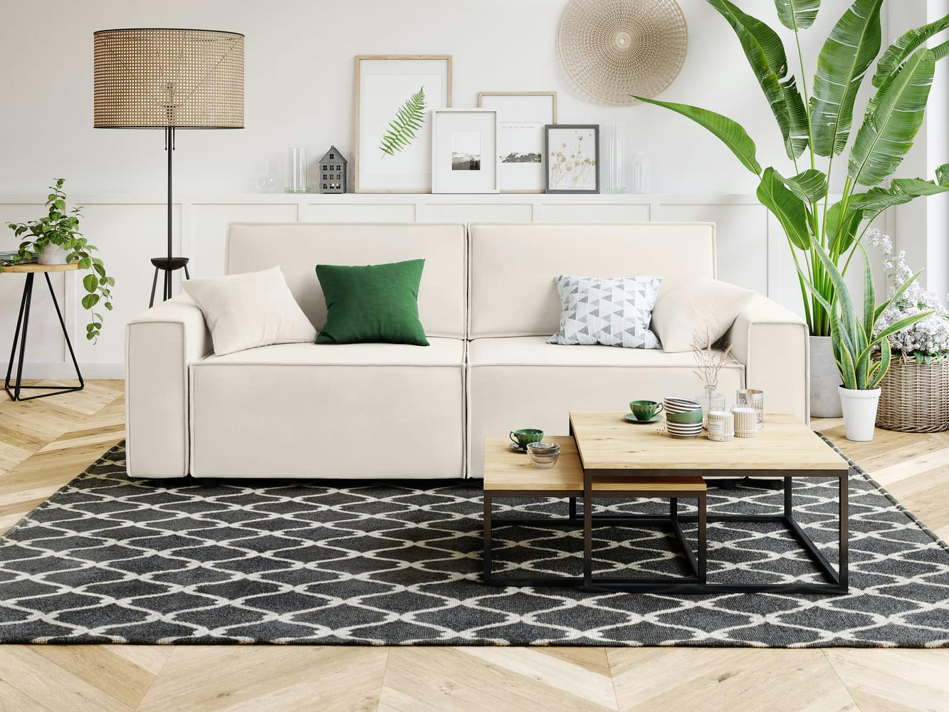 MIRA - Canapé droit convertible en velours 3 places beige