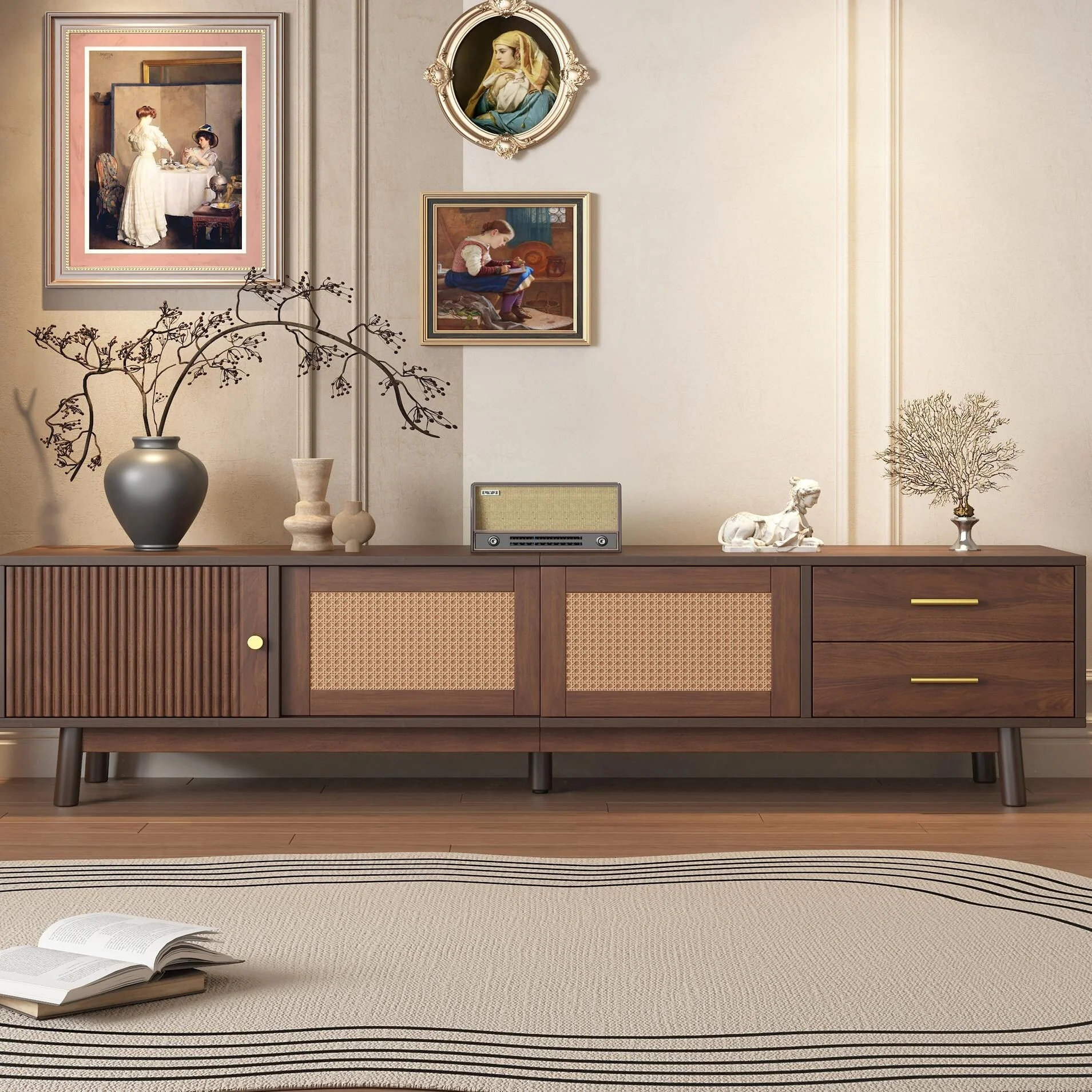 80 Mid Century TV Stand - Rattan Doors, Storage Drawers, Waterproof