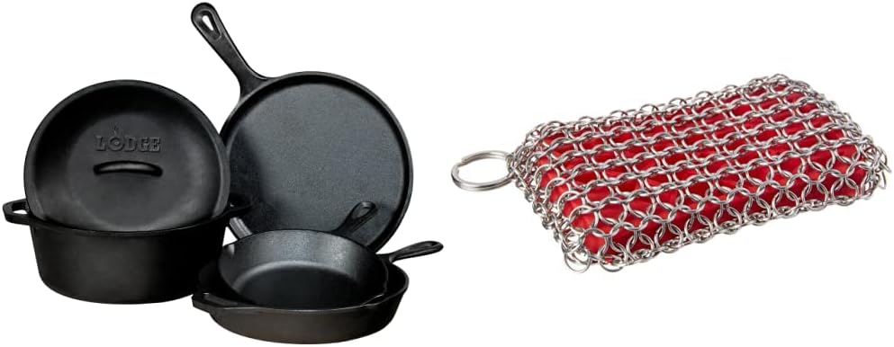 Seasoned Cast Iron 5 Piece Bundle with Cast Iron Scrubbing Pad(Bundle + Scrubbing pad)