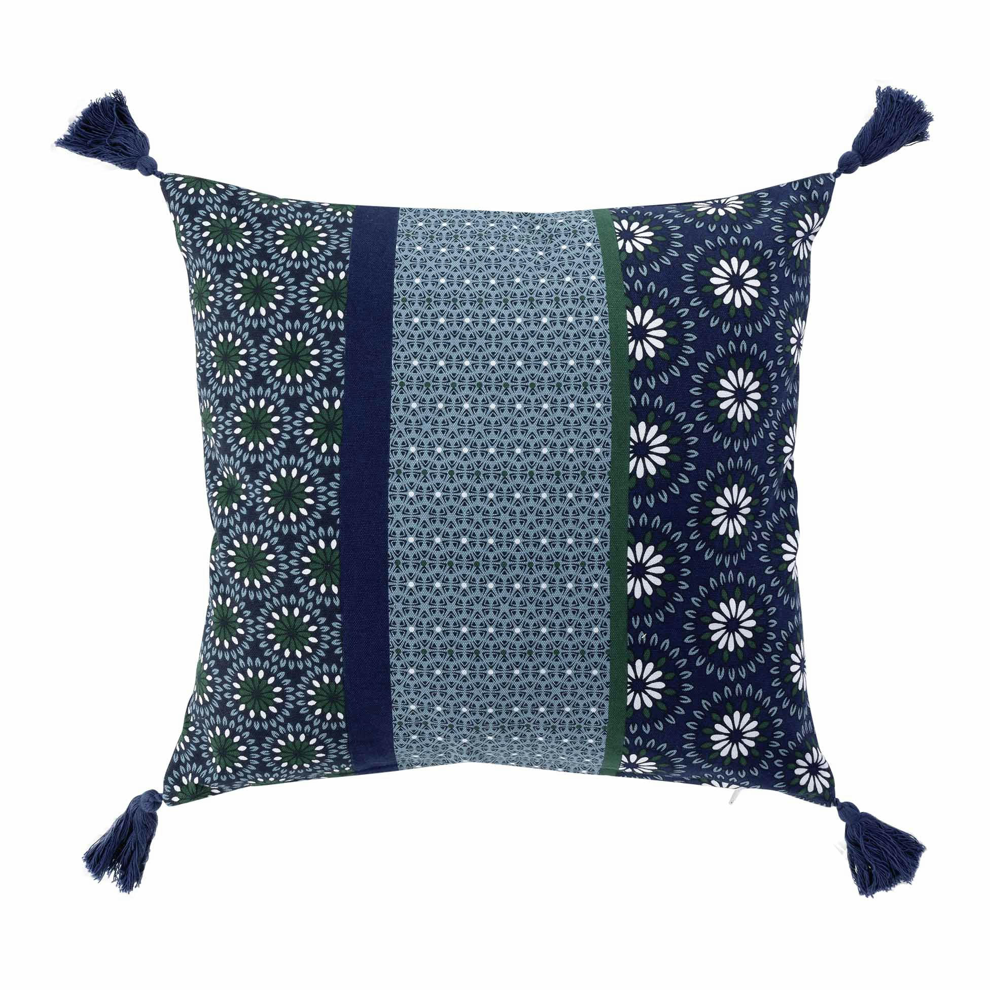 CATALAYA - Housse de coussin à pompons coton bleu 40x40cm