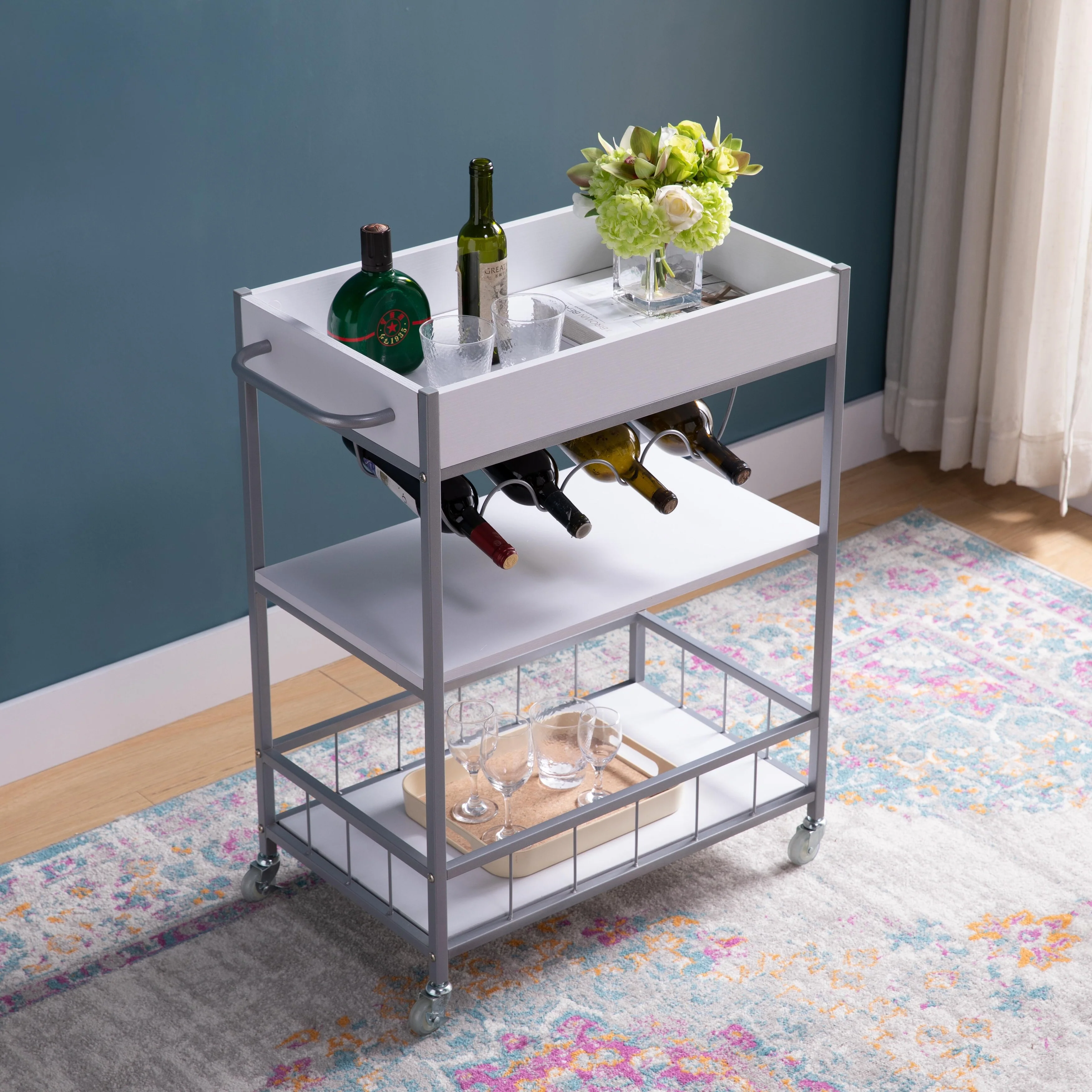 Kitchen Cart with Three Tier Storage and Four Wine Bottle Rack