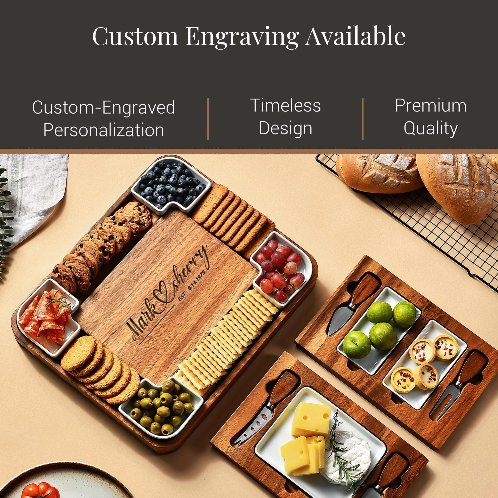 Multisectional Wood Charcuterie Board Set with Cheese Knives Customizable with Name and Date Wedding Anniversary Gift for Older Couple