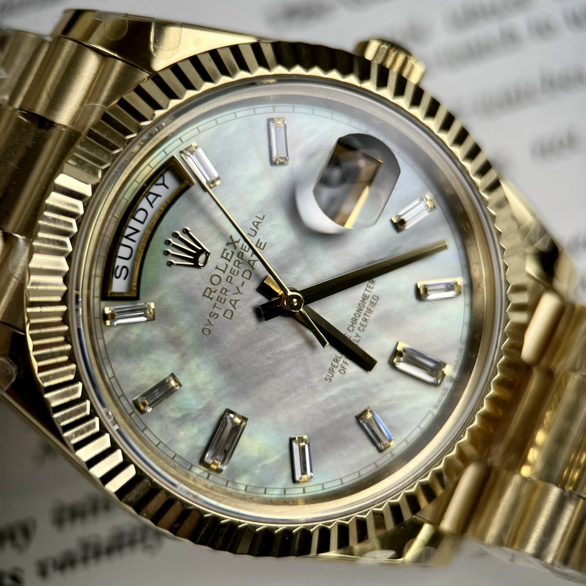 Rolex Day-Date YG Plated MOP Dial CZ Diamonds 40mm TWF Replica
