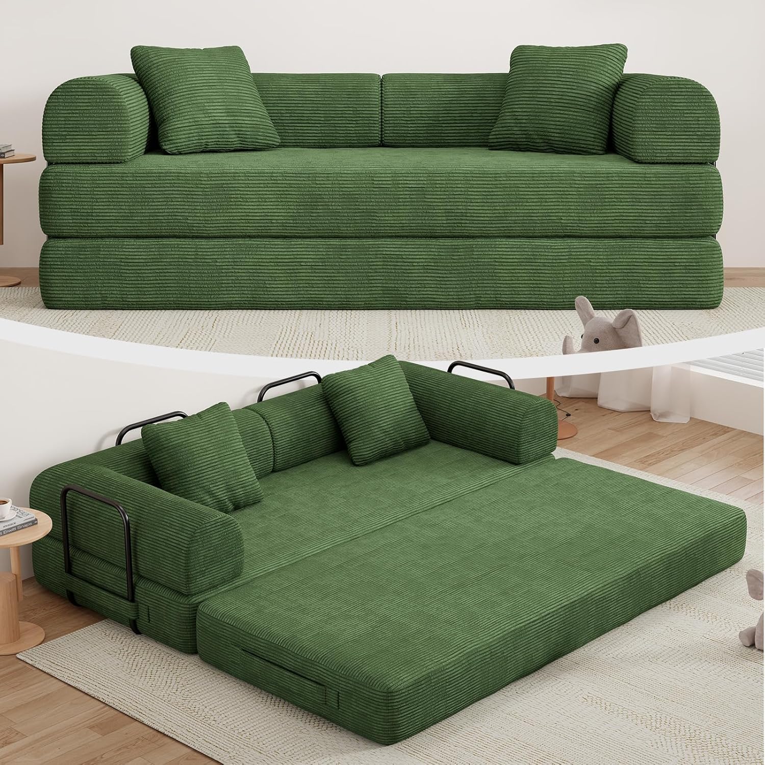 77 Convertible Sofa Bed, Modular Folding Futon Corduroy Floor Foam Compressed Loveseat Sleeper Sofa Couch, Pull Out Queen Size Couch Bed with 2 Pillows for Living Room Guest Room Studio, Dark Green