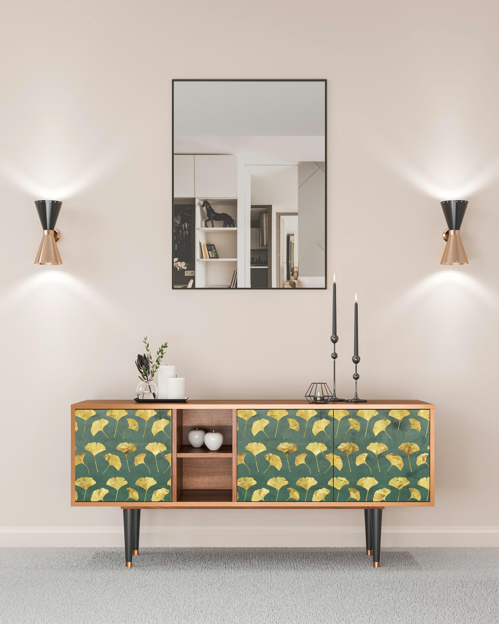 GINGKO LEAVES - Meuble TV  vert et jaune 3 tiroirs L 150 cm