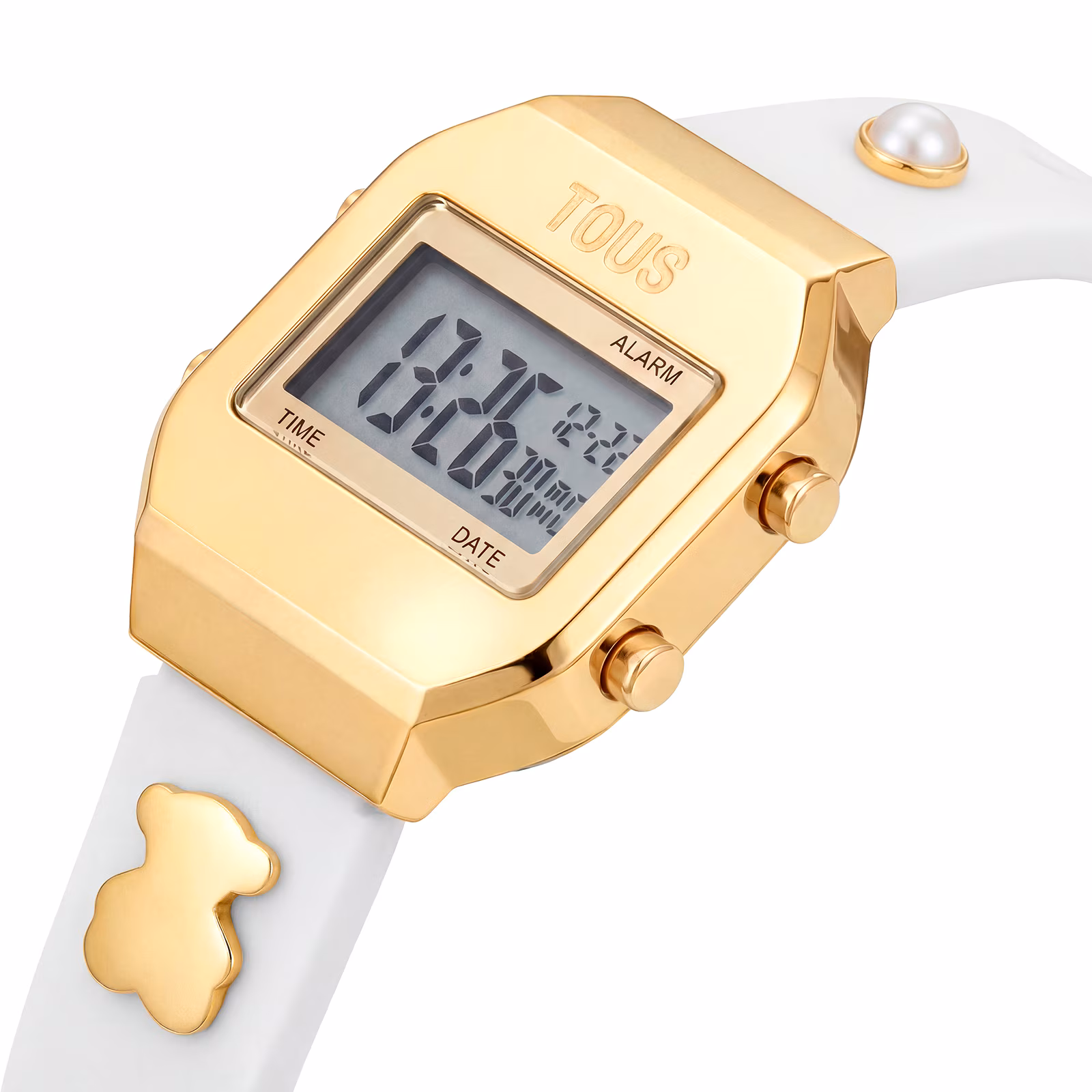 Reloj digital con correa blanca, acero dorado y gemas XPRESURSLF
