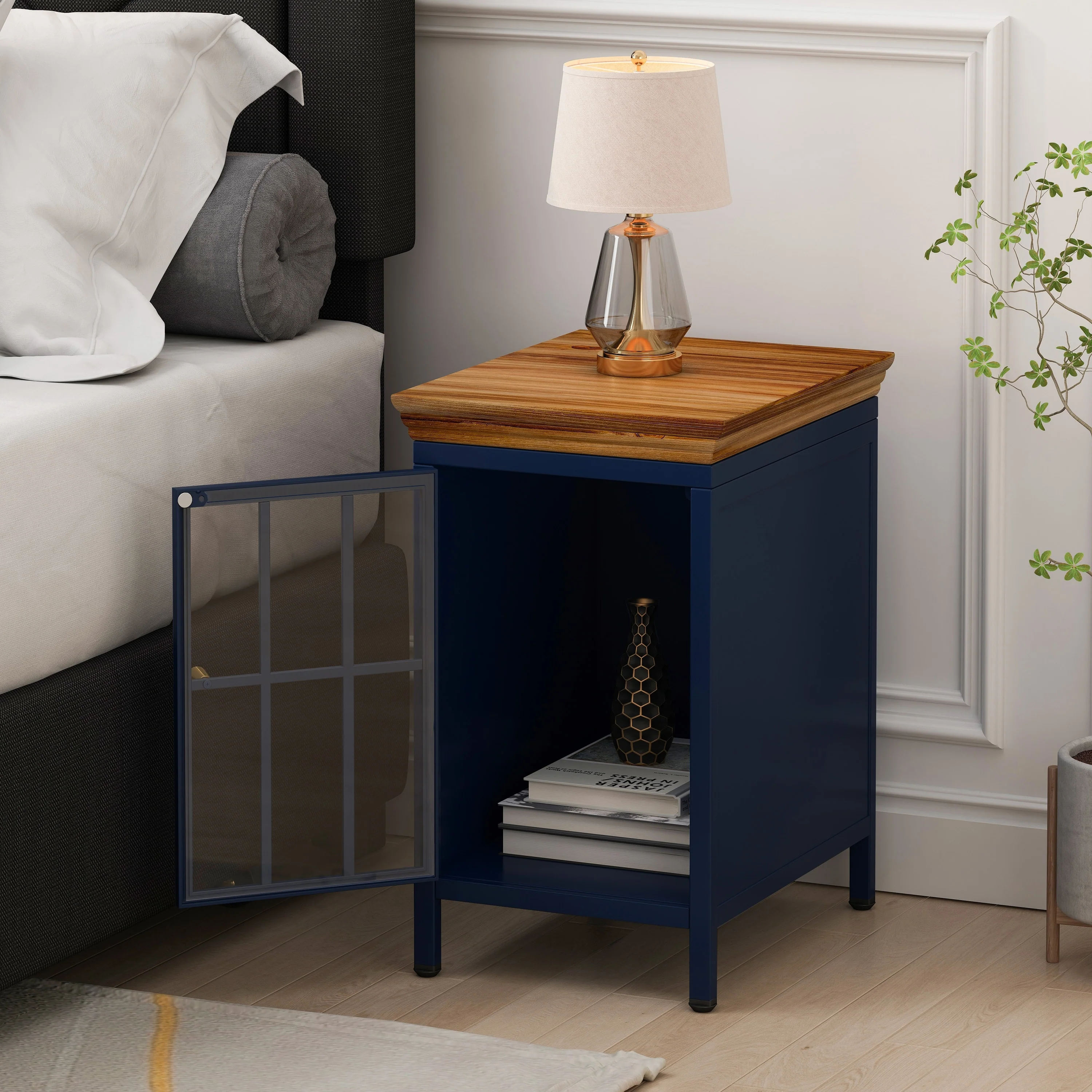 Nightstand with Storage Cabinet & Solid Wood Tabletop