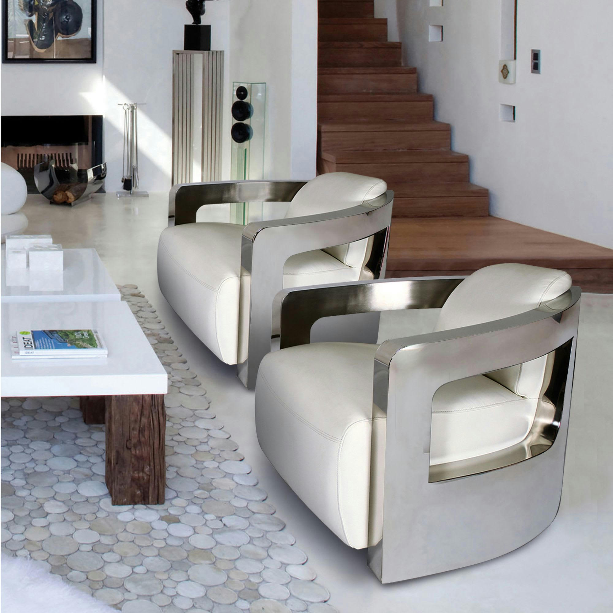 ODYSSEE - Fauteuil en cuir blanc et structure en acier inoxydable