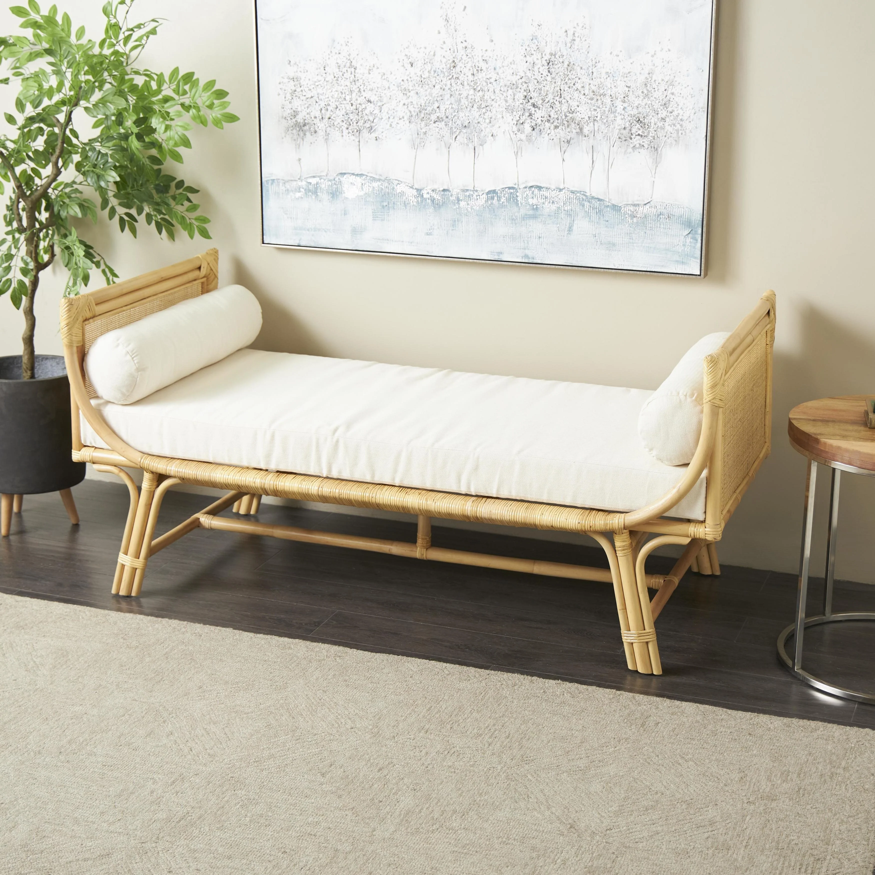 Rattan Wrapped Home Bench with White Fabric Seat and Side Cushions - Light Brown - Roche River Decor - 30W x 61L x 29H