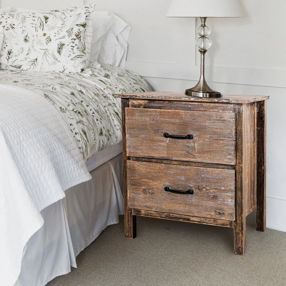 Distressed Solid Wood 2-Drawer Nightstand Bedside Table