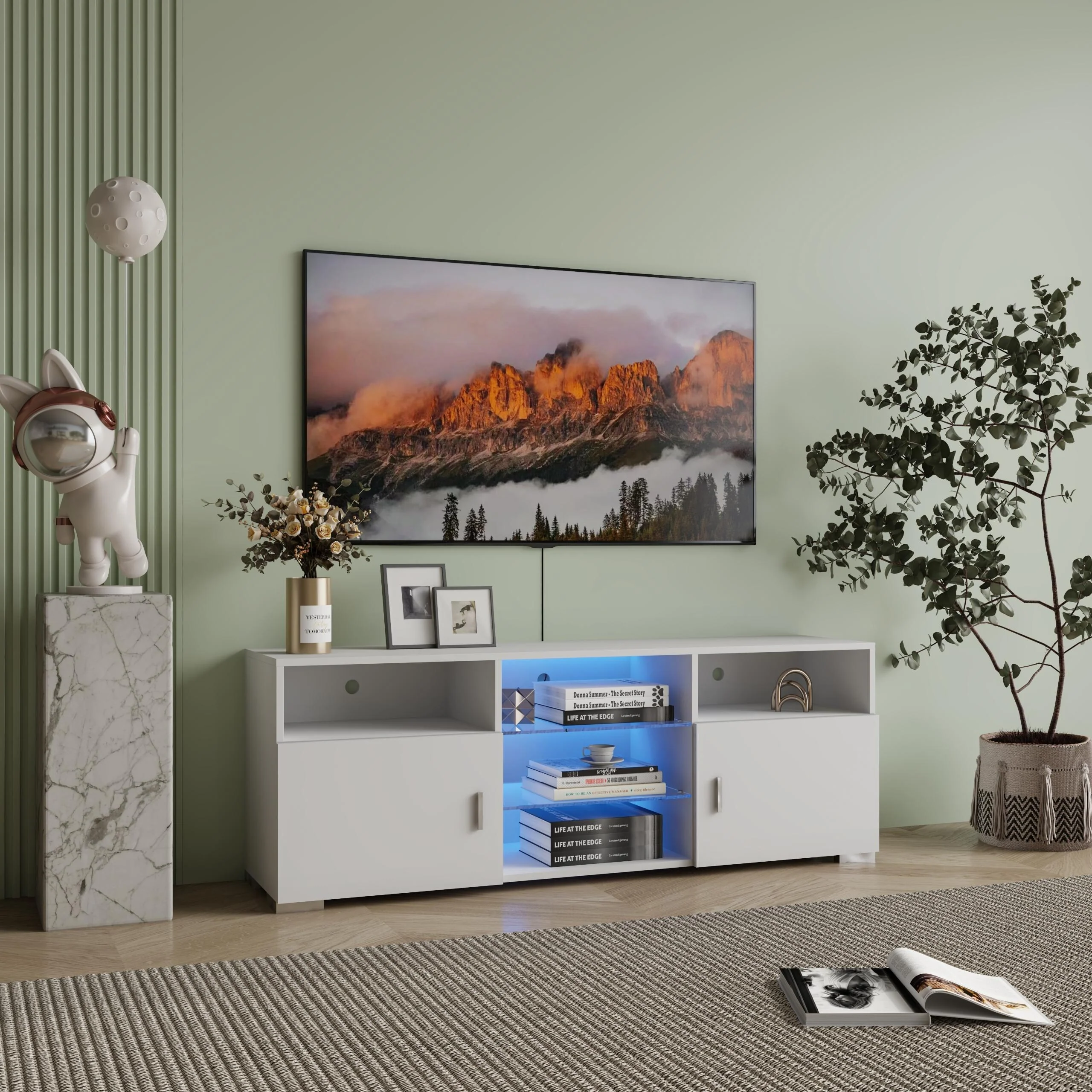 White 57 Modern TV Stand with LED, Shelves & Cabinets for 32-60 TVs