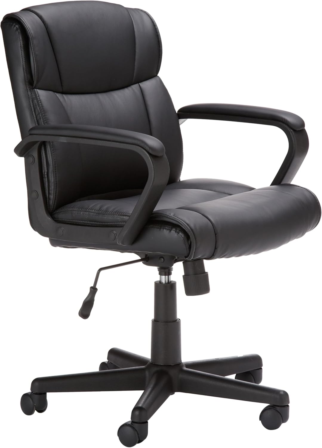 Amazon Basics Office Task Chair with Adjustable Height, 360° Swivel, Padded Armrests, Mid-Back, Rolling, 275 Pound Capacity, 24.2D x 24W x 34.8H, Black Faux Leather