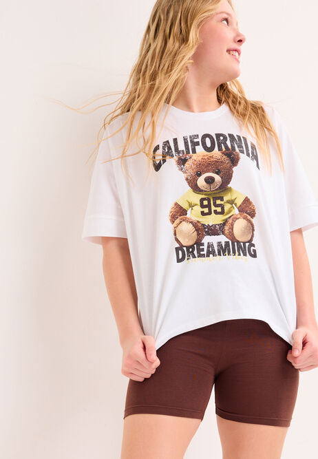 Older Girls White Teddy Bear Curve Hem T-Shirt