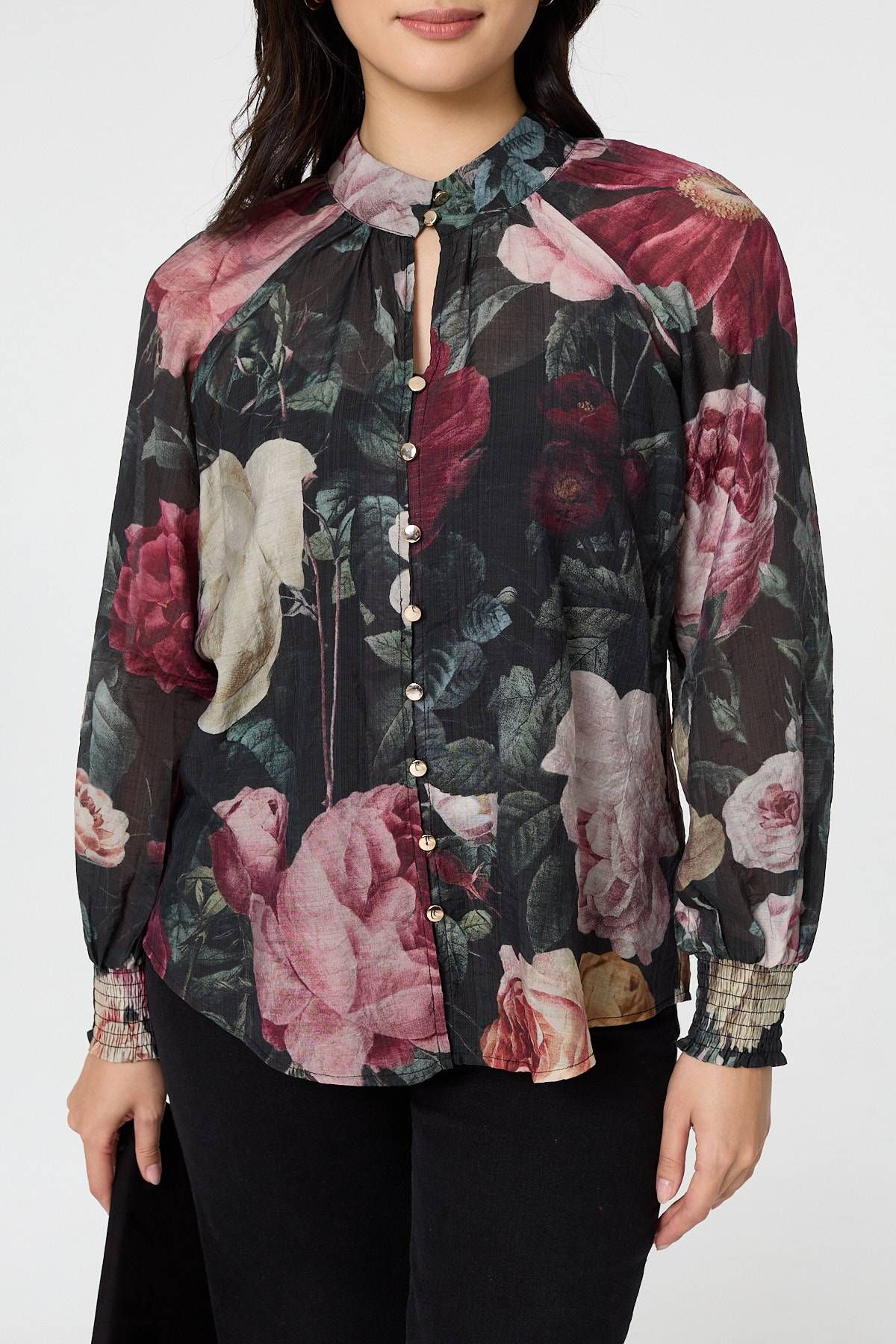 Izabel London Floral Semi Sheer Button Front Shirt