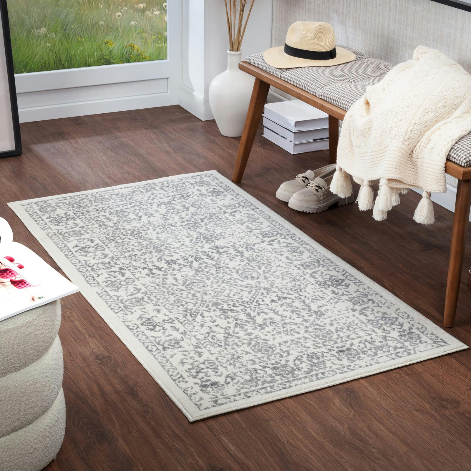 MARGAUX - Tapis de Couloir Vintage Oriental Blanc/Gris 80x150