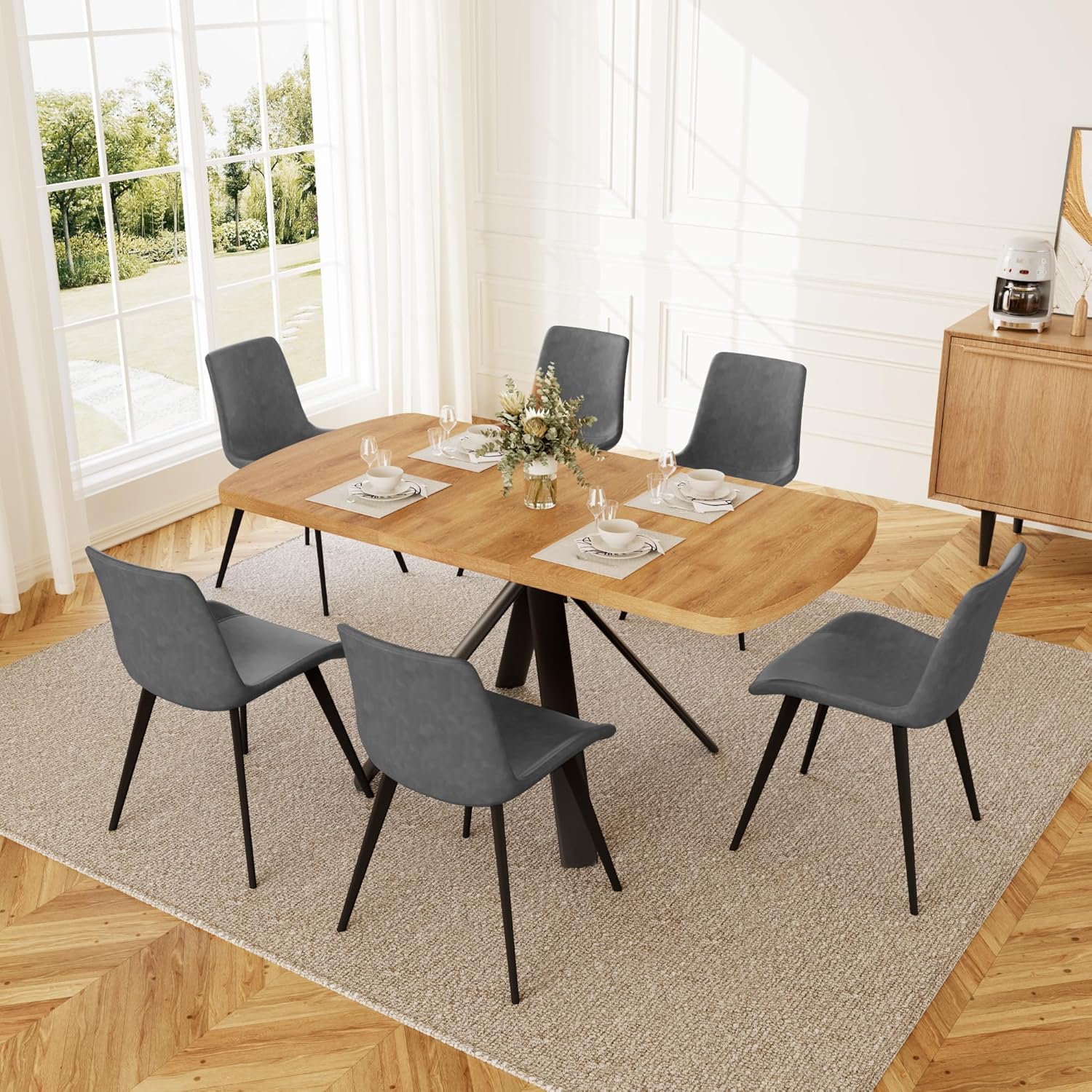HIPIHOM Extendable Dining Table Set for 6 People, 47.2''-63'' MDF Kitchen Table with 6 Upholstered Chairs, Metal Legs for Dining Room, Kitchen, Apartment(Oak Table+6 Grey Chairs)
