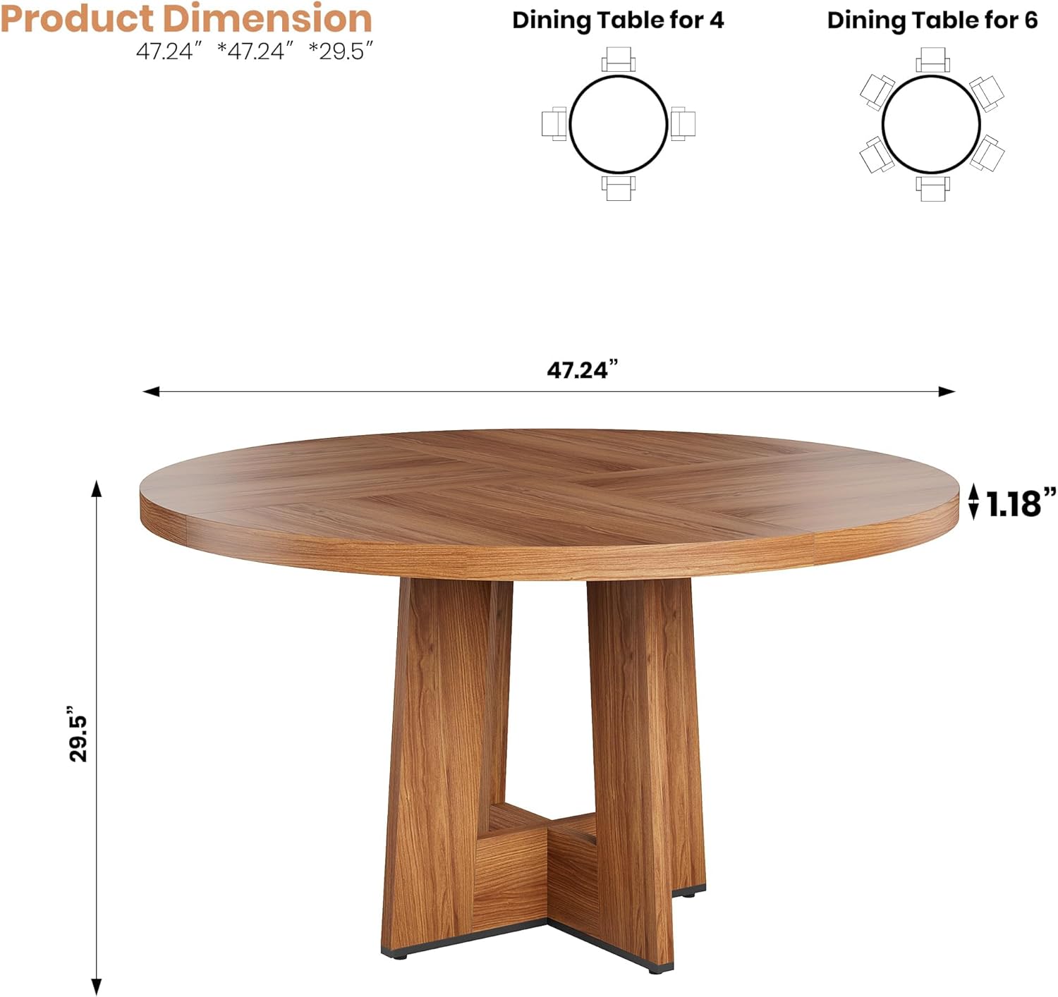 Garvee 47 Round Dining Table for 4-6 People - Circle Kitchen Dinner Table with Sturdy Pedestal Base, Space Saving Dinning Room Furniture for Living Room, Kitchen, Apartment, Light Walnut