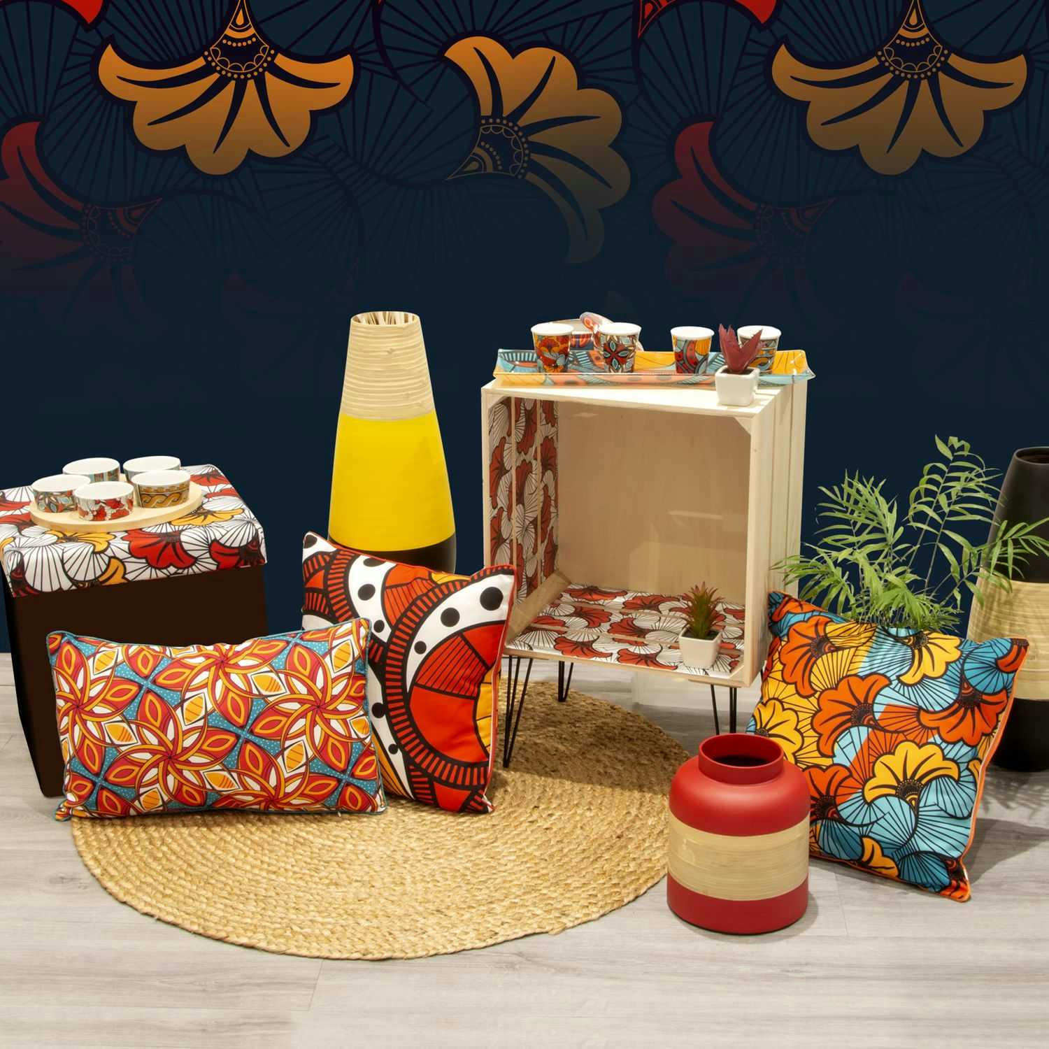 - Bout de canapé ethnique wax l. 40 x h. 60 cm rouge