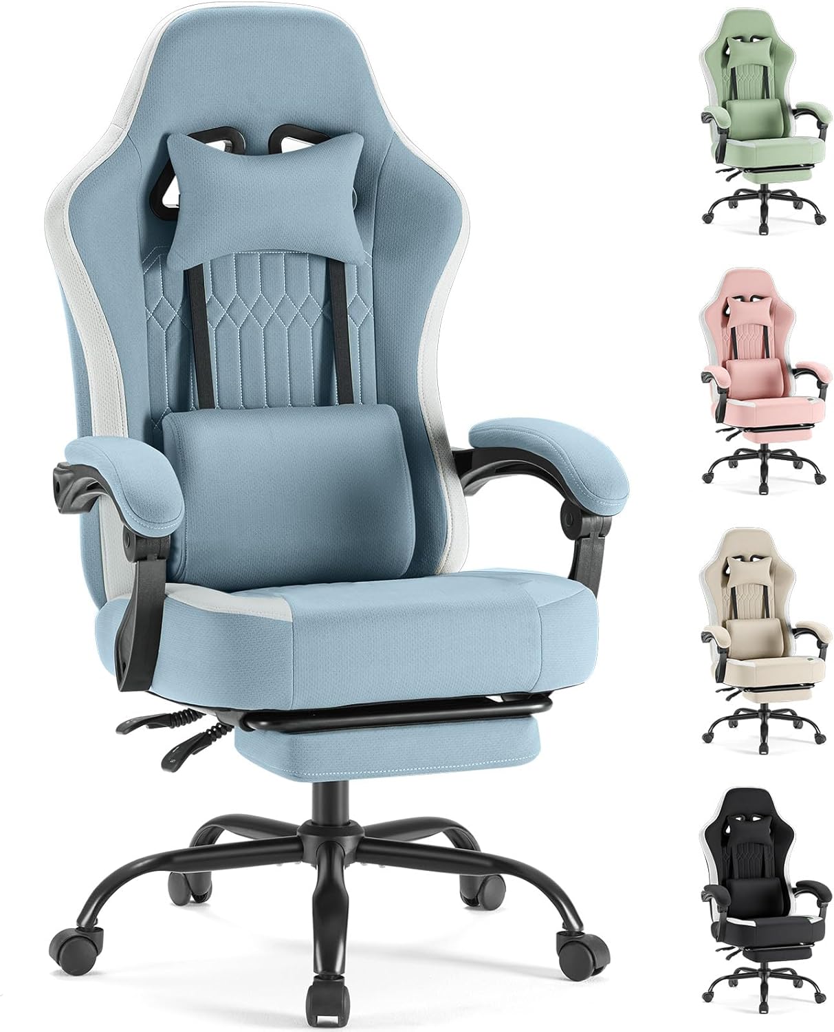 Sweetcrispy Video Game Chair - High Back Ergonomic Computer Desk Chair with Footrest & Lumbar Support, Height Adjustable Task Chair with Linkage Armrests and Headrest, 360° Swivel Wheels, Blue