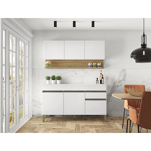 Cuisine Equipée - LINE - Imitation Chêne et Blanc - 6 Portes - 1 Tiroir - 9 Niches