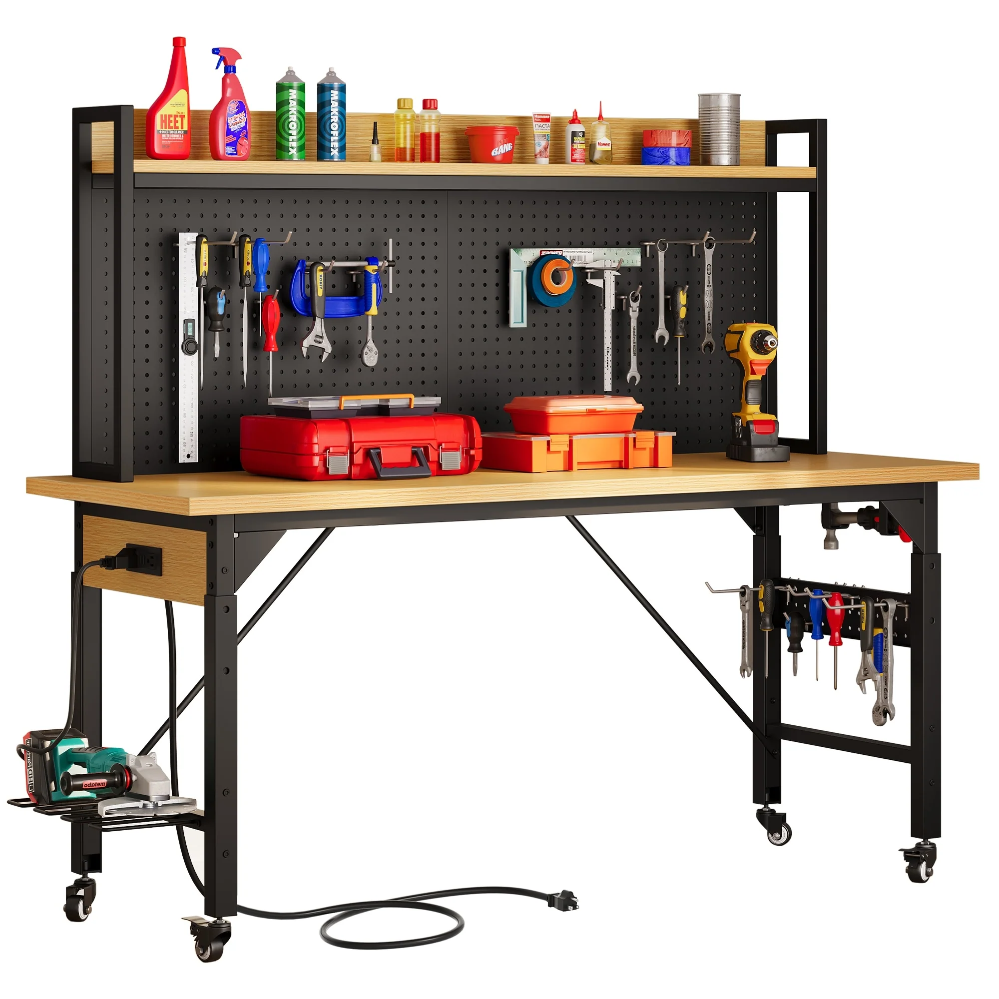 Moasis Multifunctional Workbench 59x23 with Pegboard Worktable and Power Outlets