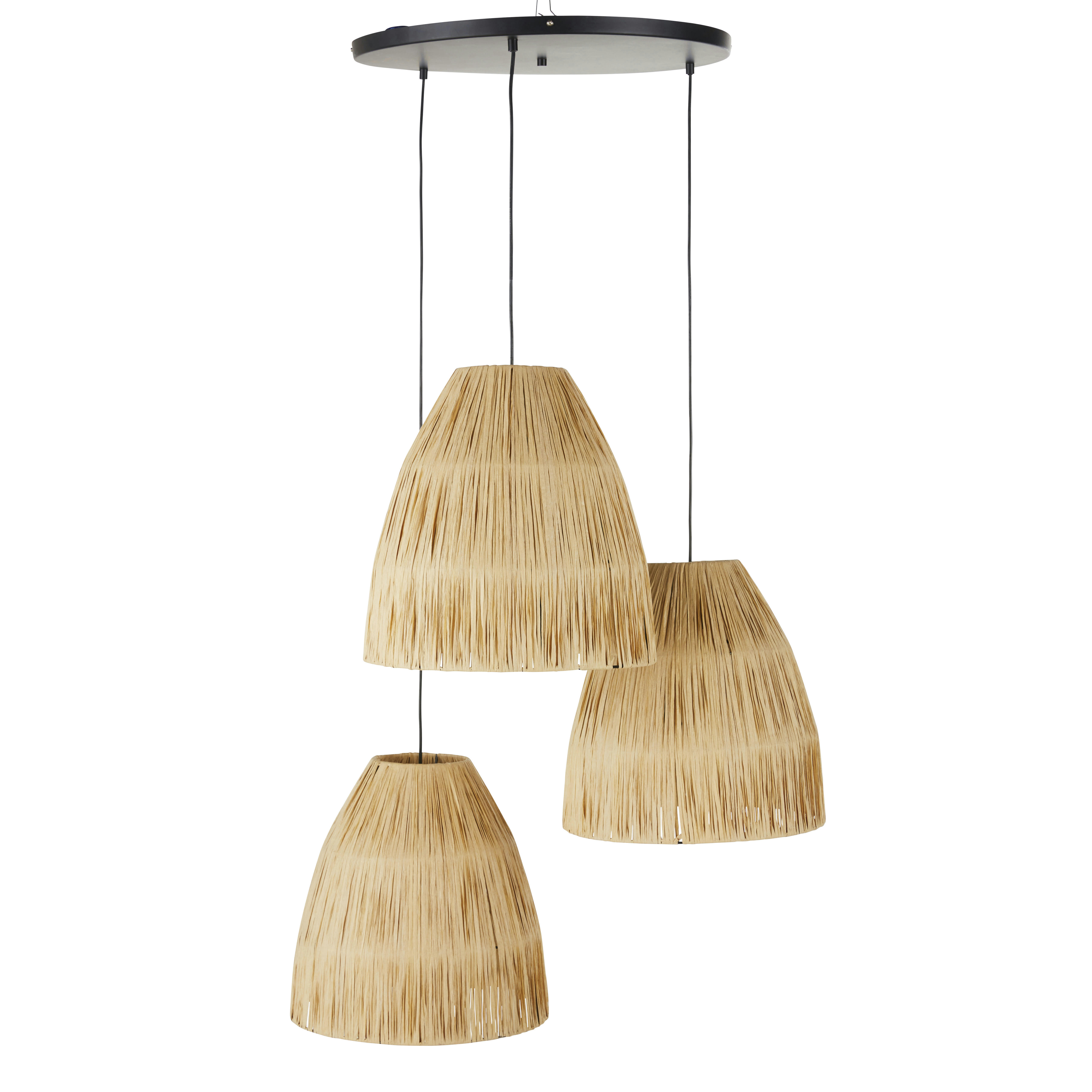 KORJA - Suspension grappe 3 abat-jours en raphia et métal noir