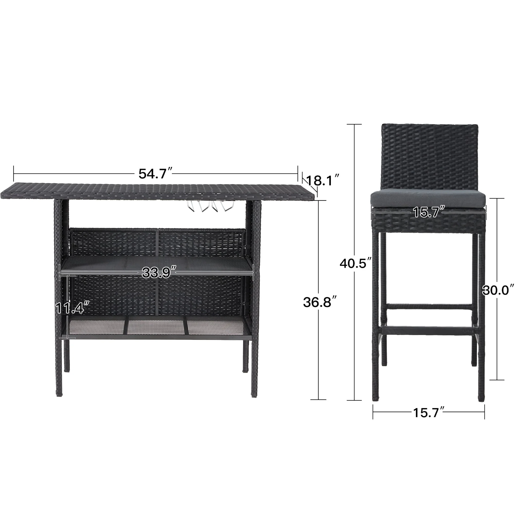 AVAWING 3PCS Patio Bar Set Outdoor Rattan Bar Set with Removable Cushion
