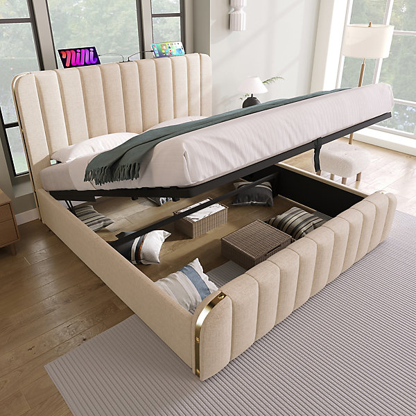 Lit coffre 160x200 cm - Lit double rembourré avec fonction USB Type-C - Lin - Sans Matelas - Beige
